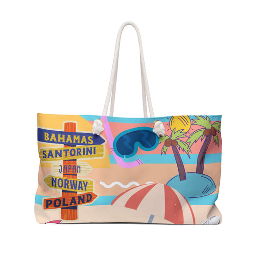 Beach Travel Weekender Summer Bag – Tropical Vacation Tote with Destination Sign & Flip Flop Design