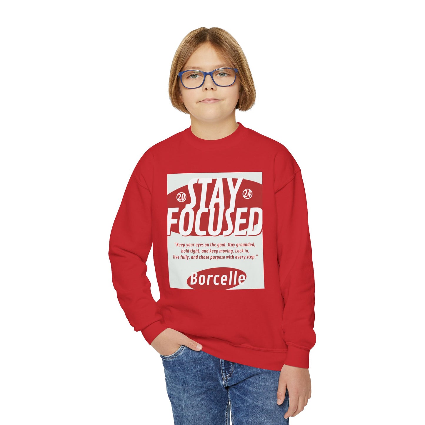 Youth Crewneck Sweatshirt — Stay Focused / Never Give Up Motivational Sweatshirt