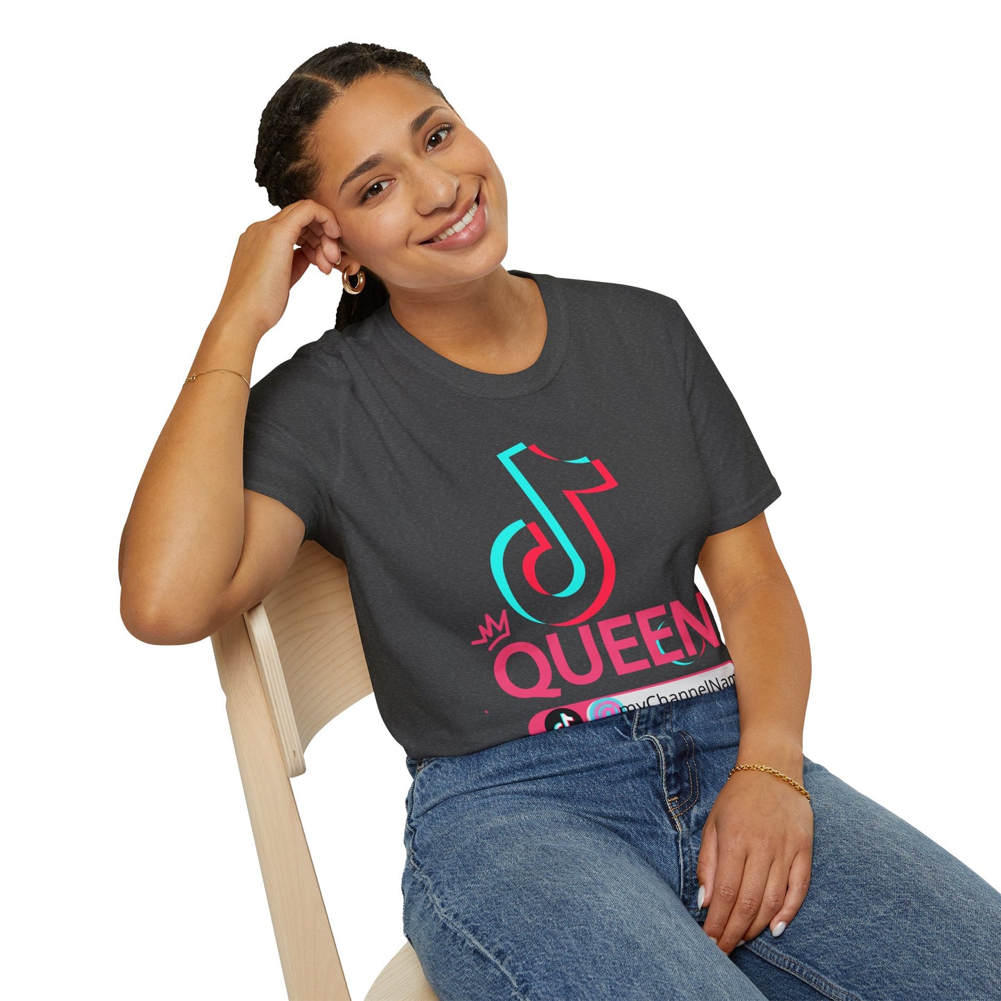 TikTok Queen Graphic T-Shirt — Personalized Channel Name, 'New Day New Start' Back Design