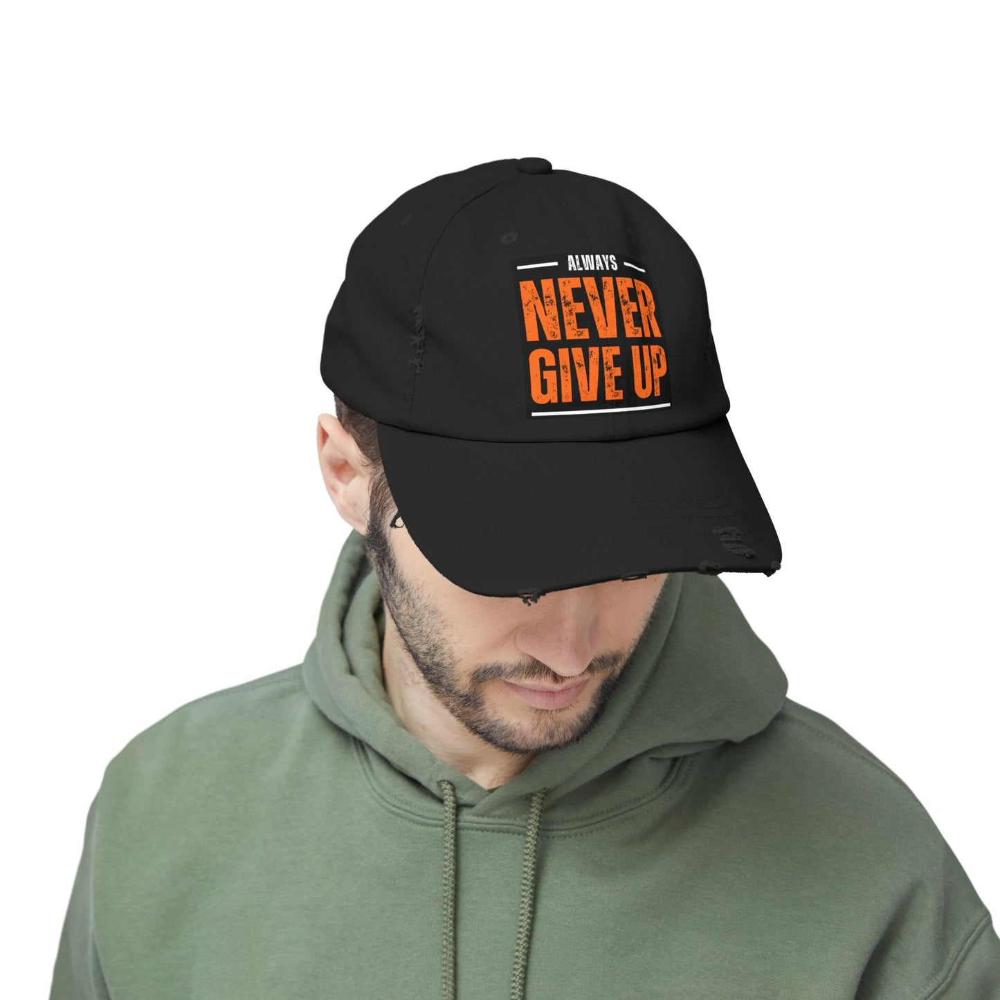 Never Give Up Distressed Cap — Motivational Baseball Hat