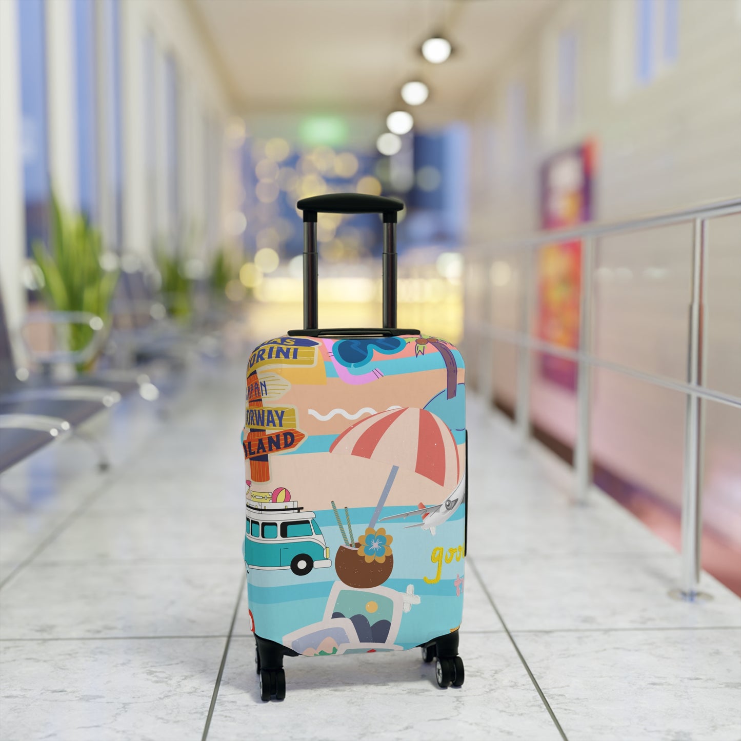 Luggage Cover - Retro Beach Travel Print (Van, Umbrella, Seaside Icons)