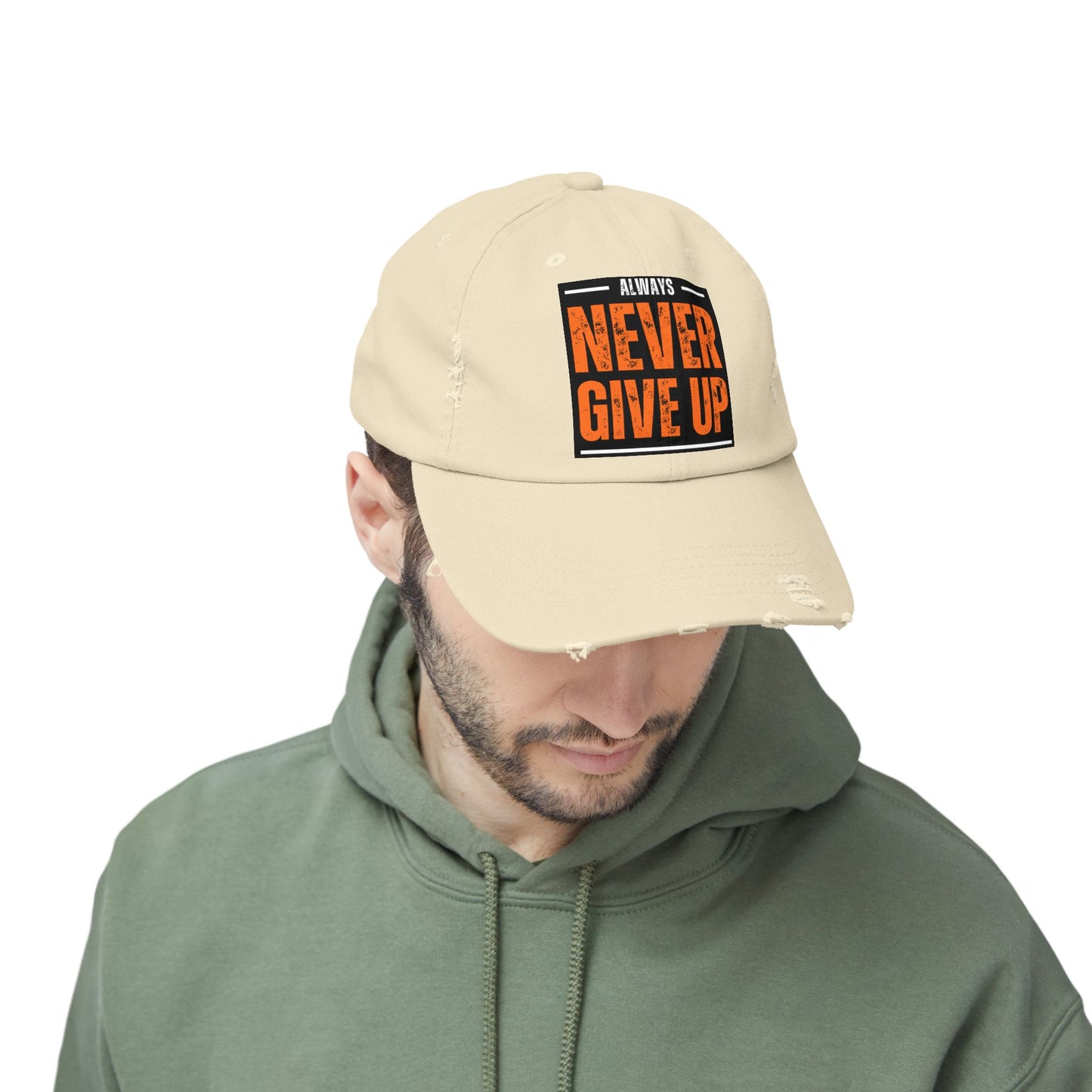 Never Give Up Distressed Cap — Motivational Baseball Hat