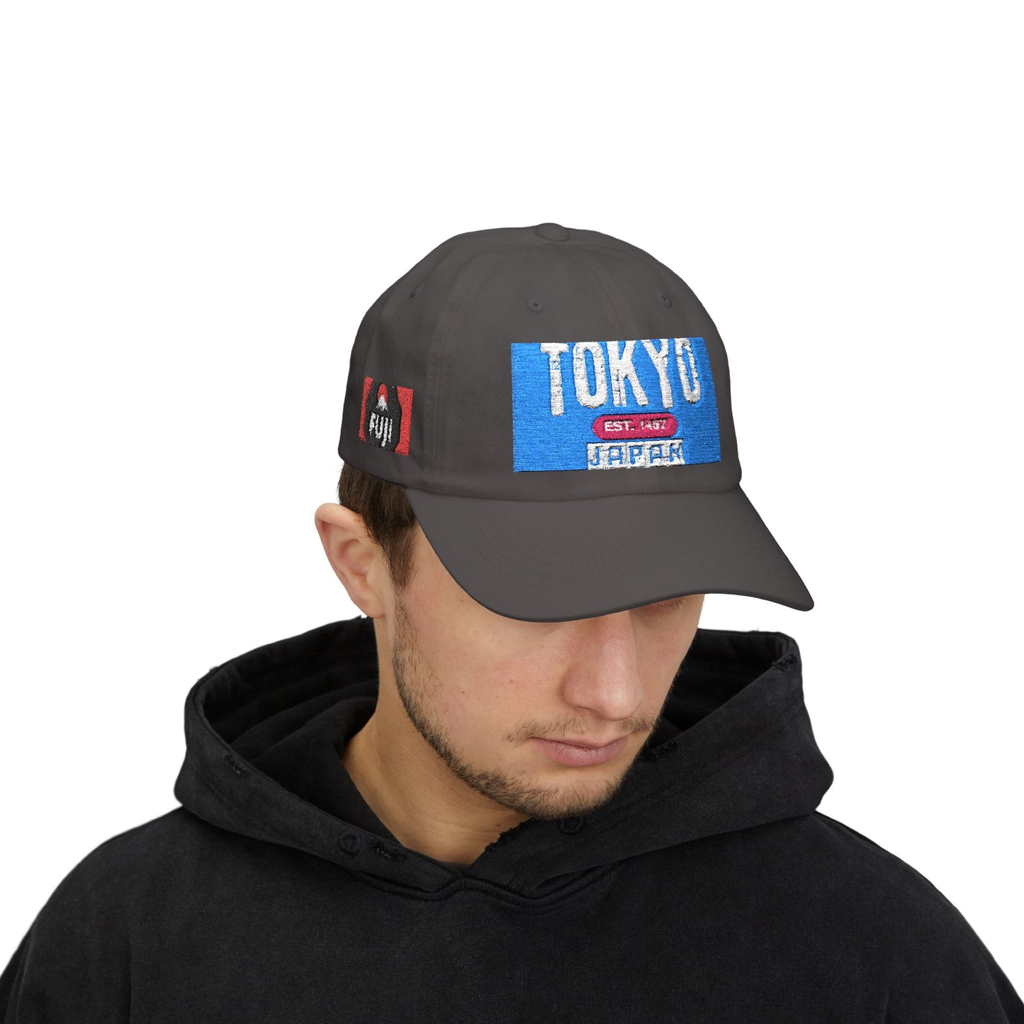 Tokyo Retro Patch Dad Cap – White Embroidered Travel Baseball Hat