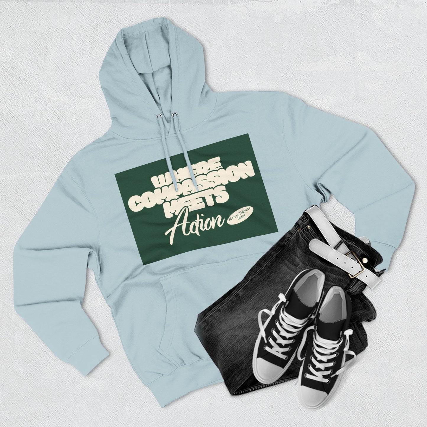Three-Panel Fleece Hoodie — Vintage Ship Graphic & "Where Compassion Meets Action" Motivational Design