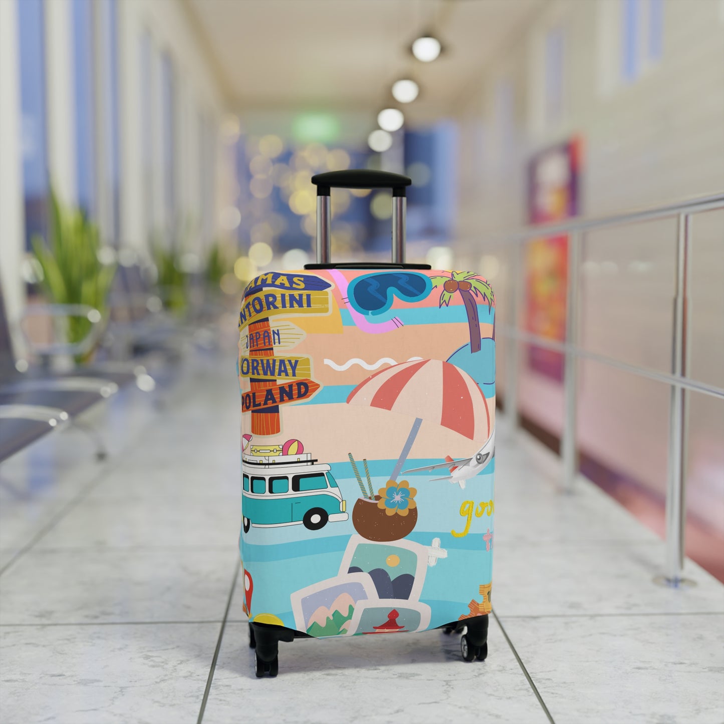 Luggage Cover - Retro Beach Travel Print (Van, Umbrella, Seaside Icons)