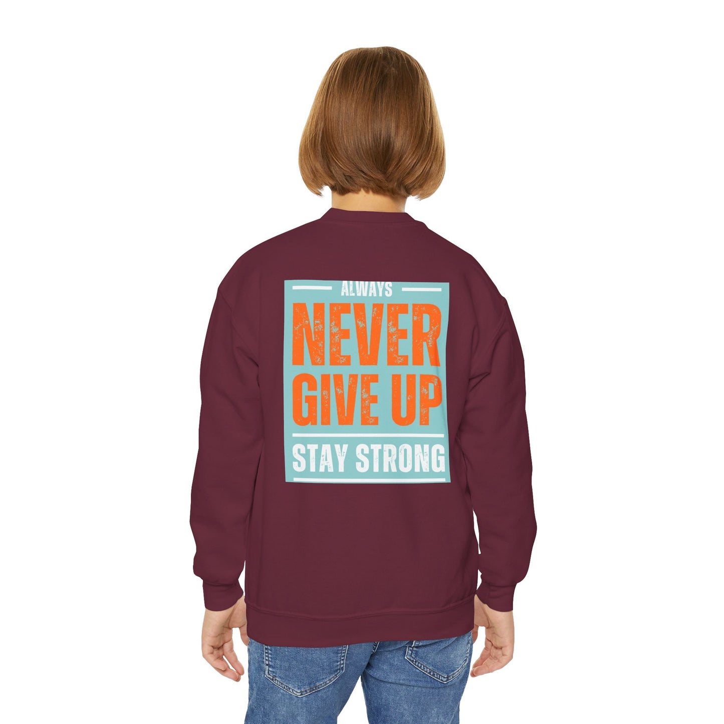 Youth Crewneck Sweatshirt — Stay Focused / Never Give Up Motivational Sweatshirt