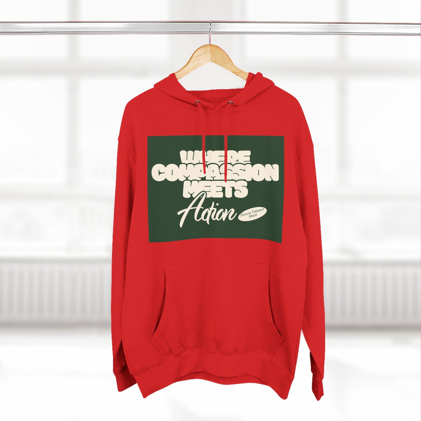 Three-Panel Fleece Hoodie — Vintage Ship Graphic & "Where Compassion Meets Action" Motivational Design