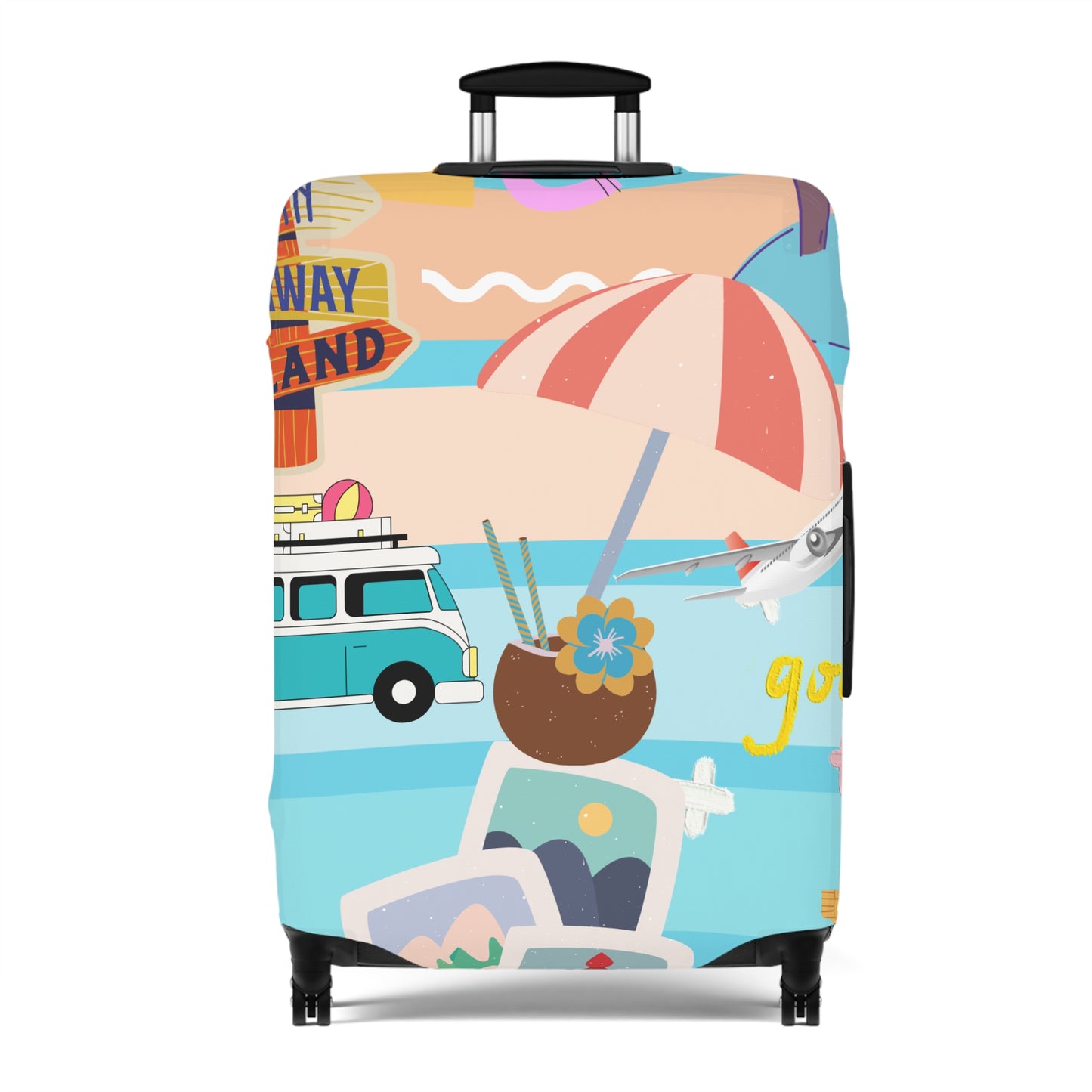 Luggage Cover - Retro Beach Travel Print (Van, Umbrella, Seaside Icons)