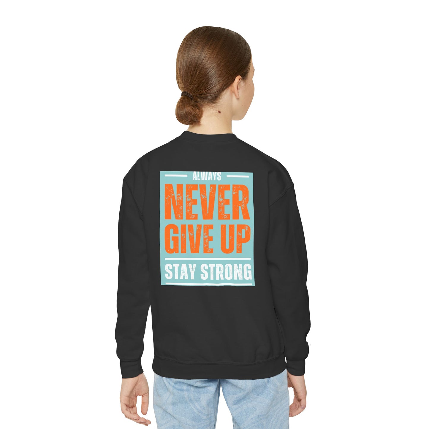 Youth Crewneck Sweatshirt — Stay Focused / Never Give Up Motivational Sweatshirt