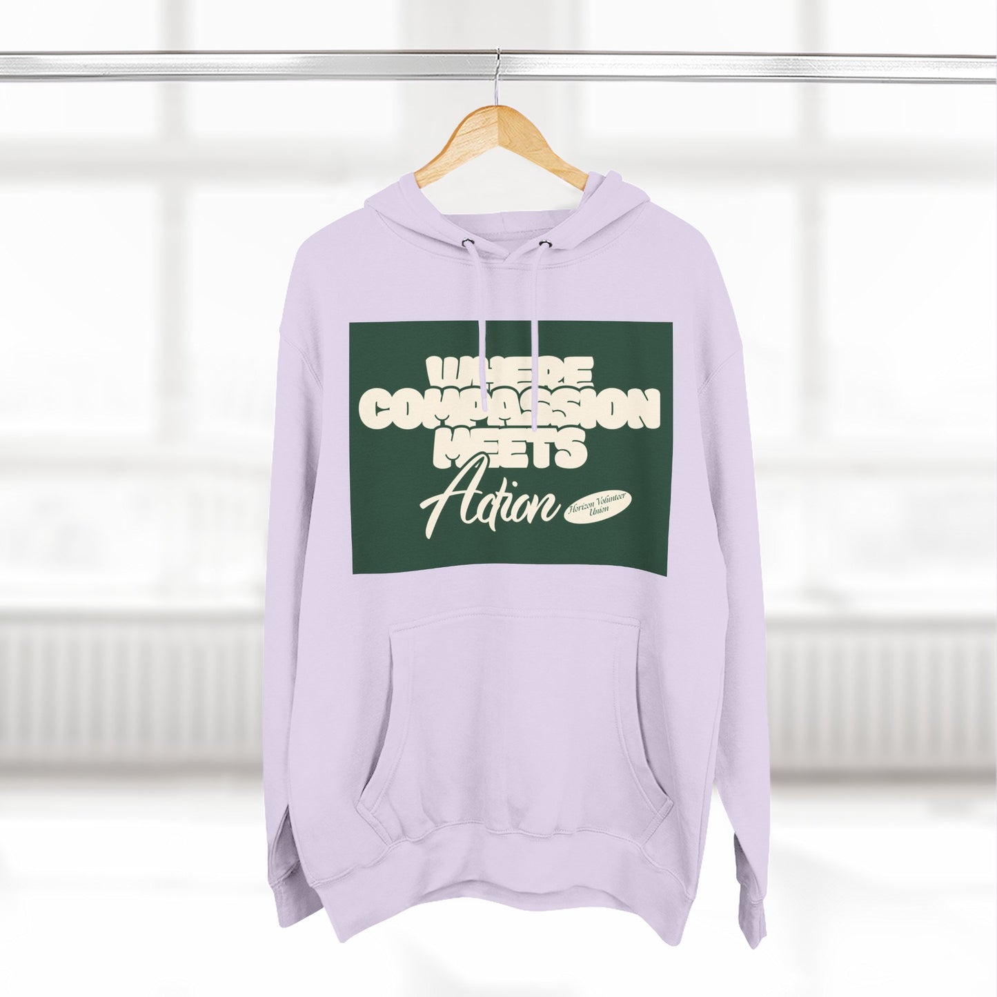 Three-Panel Fleece Hoodie — Vintage Ship Graphic & "Where Compassion Meets Action" Motivational Design