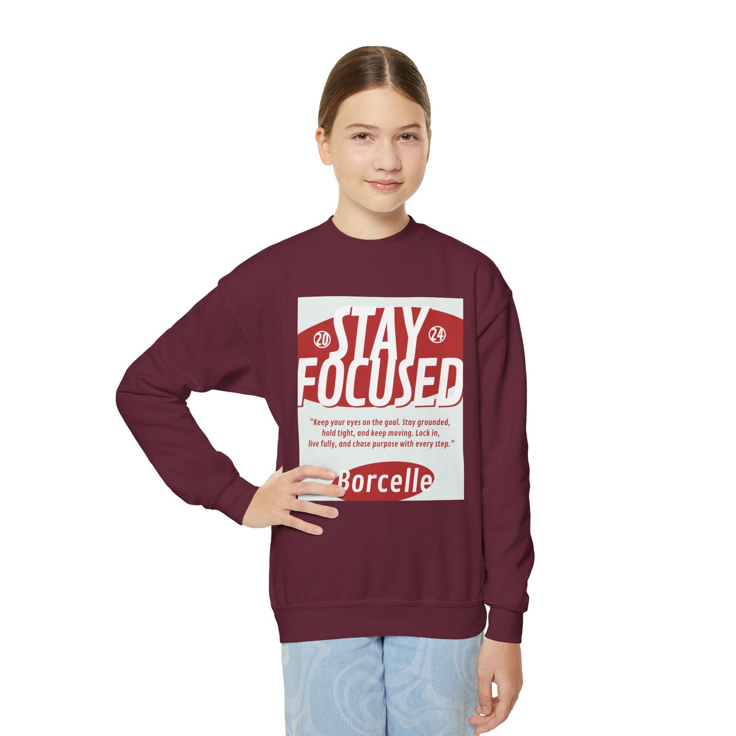 Youth Crewneck Sweatshirt — Stay Focused / Never Give Up Motivational Sweatshirt