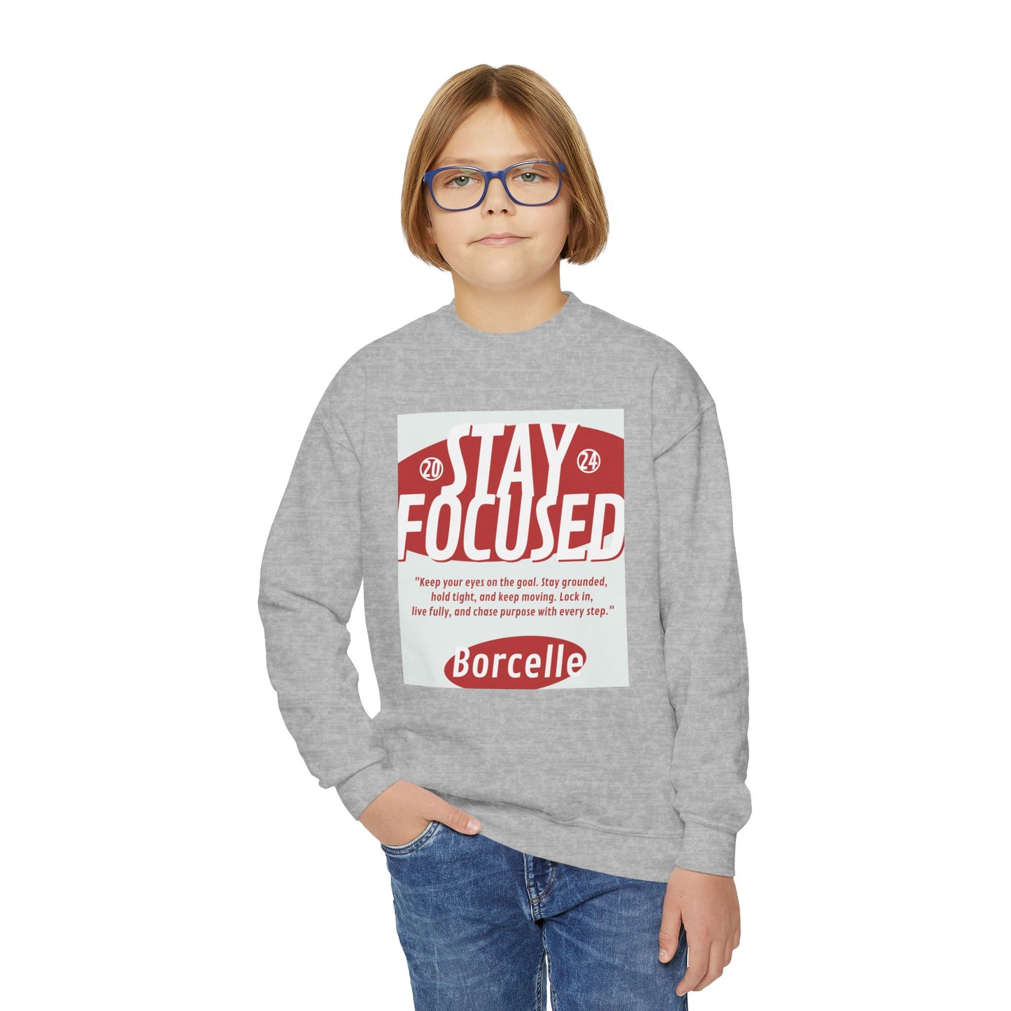 Youth Crewneck Sweatshirt — Stay Focused / Never Give Up Motivational Sweatshirt