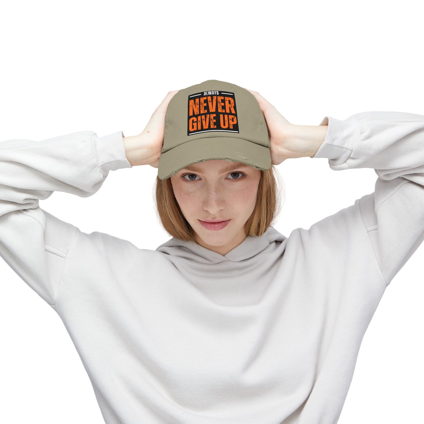 Never Give Up Distressed Cap — Motivational Baseball Hat