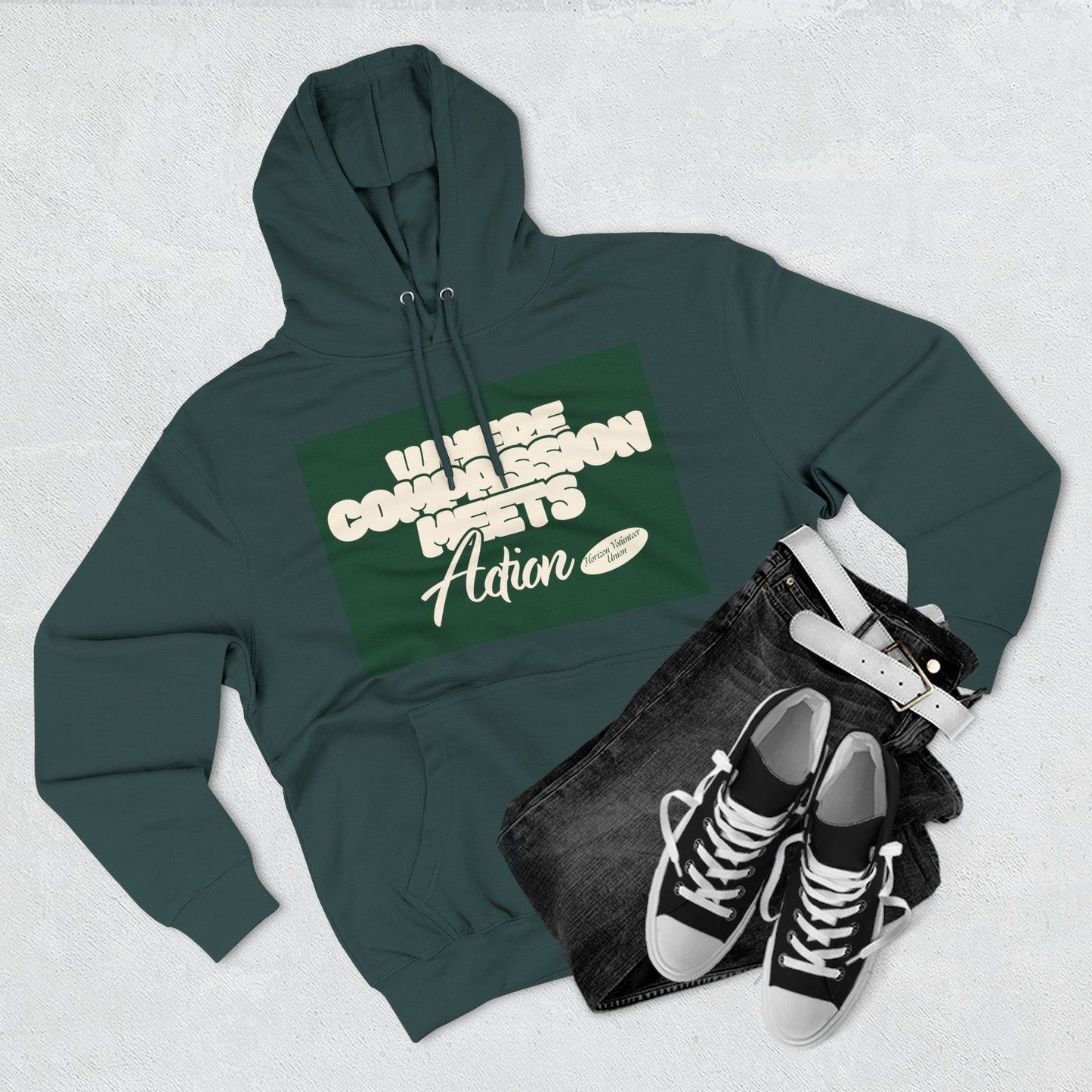 Three-Panel Fleece Hoodie — Vintage Ship Graphic & "Where Compassion Meets Action" Motivational Design