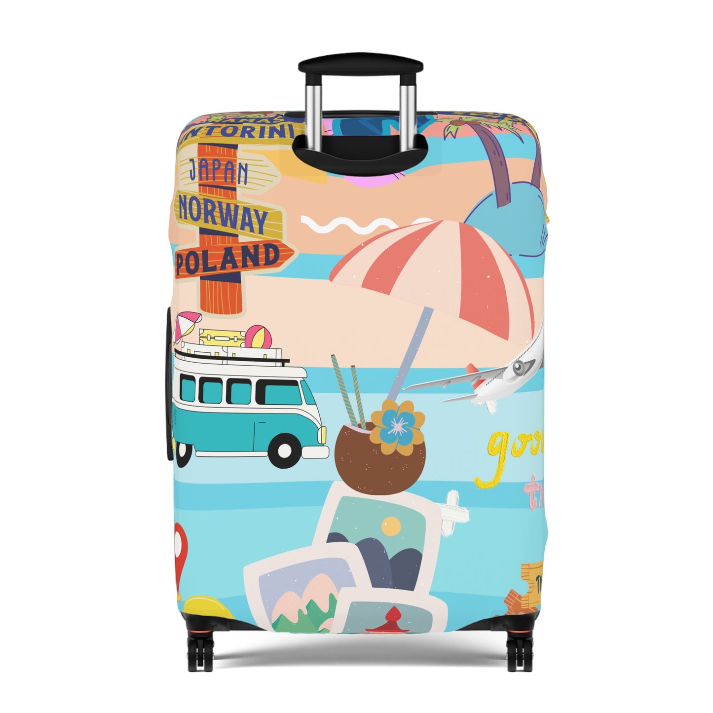 Luggage Cover - Retro Beach Travel Print (Van, Umbrella, Seaside Icons)