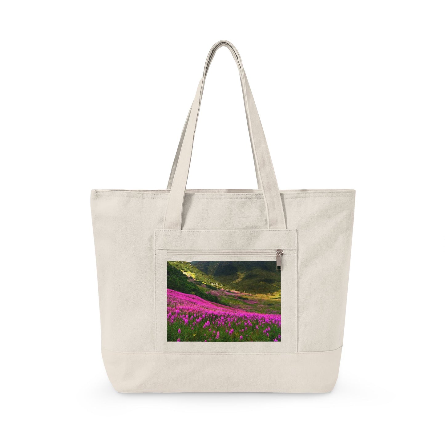Canvas Tote Bag — Scenic Floral Meadow & River Photo Print Zippered Tote