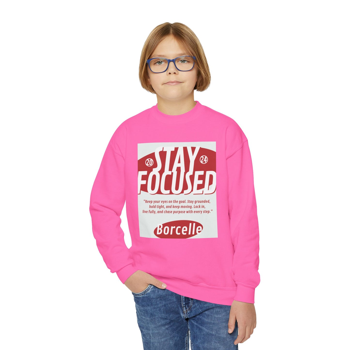 Youth Crewneck Sweatshirt — Stay Focused / Never Give Up Motivational Sweatshirt