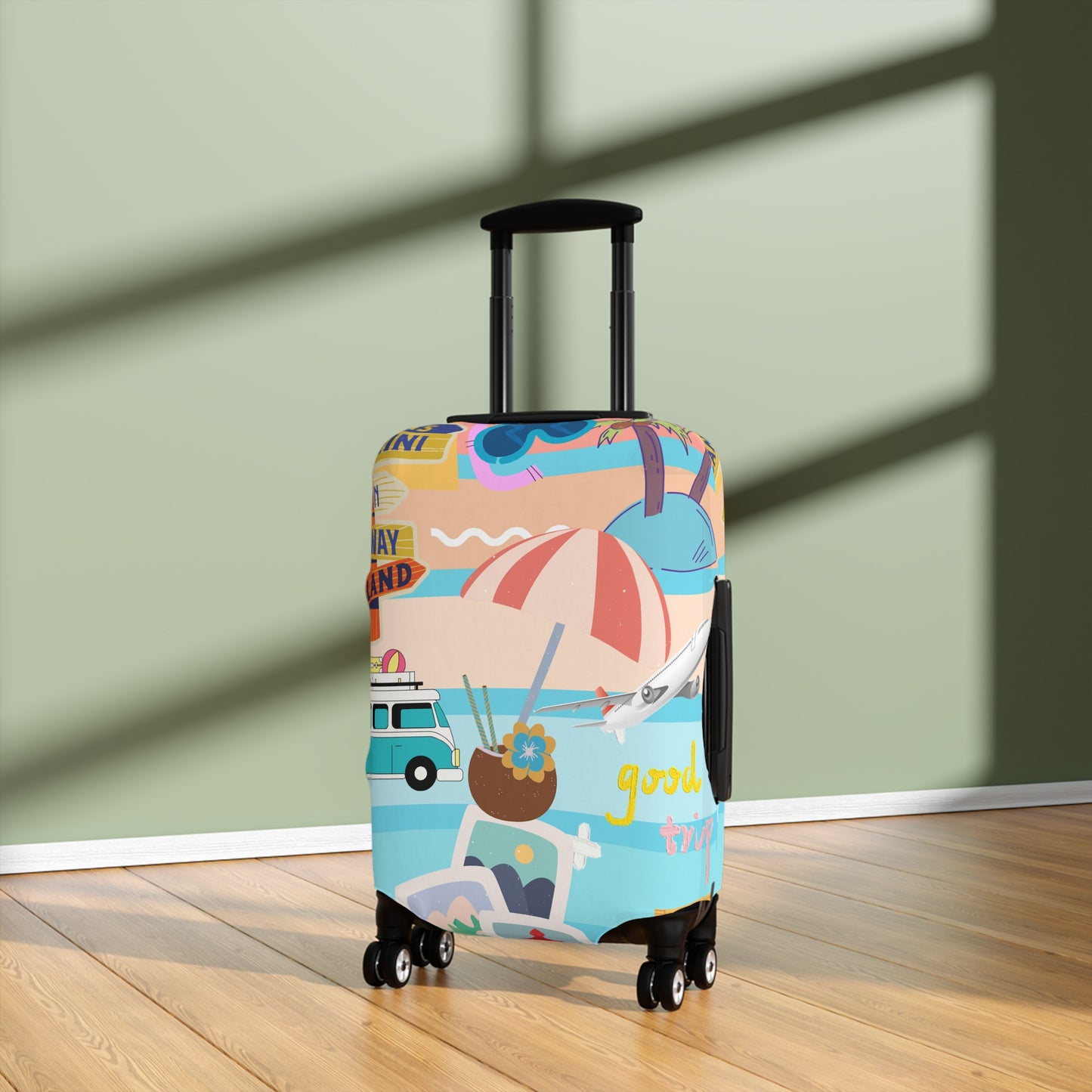 Luggage Cover - Retro Beach Travel Print (Van, Umbrella, Seaside Icons)