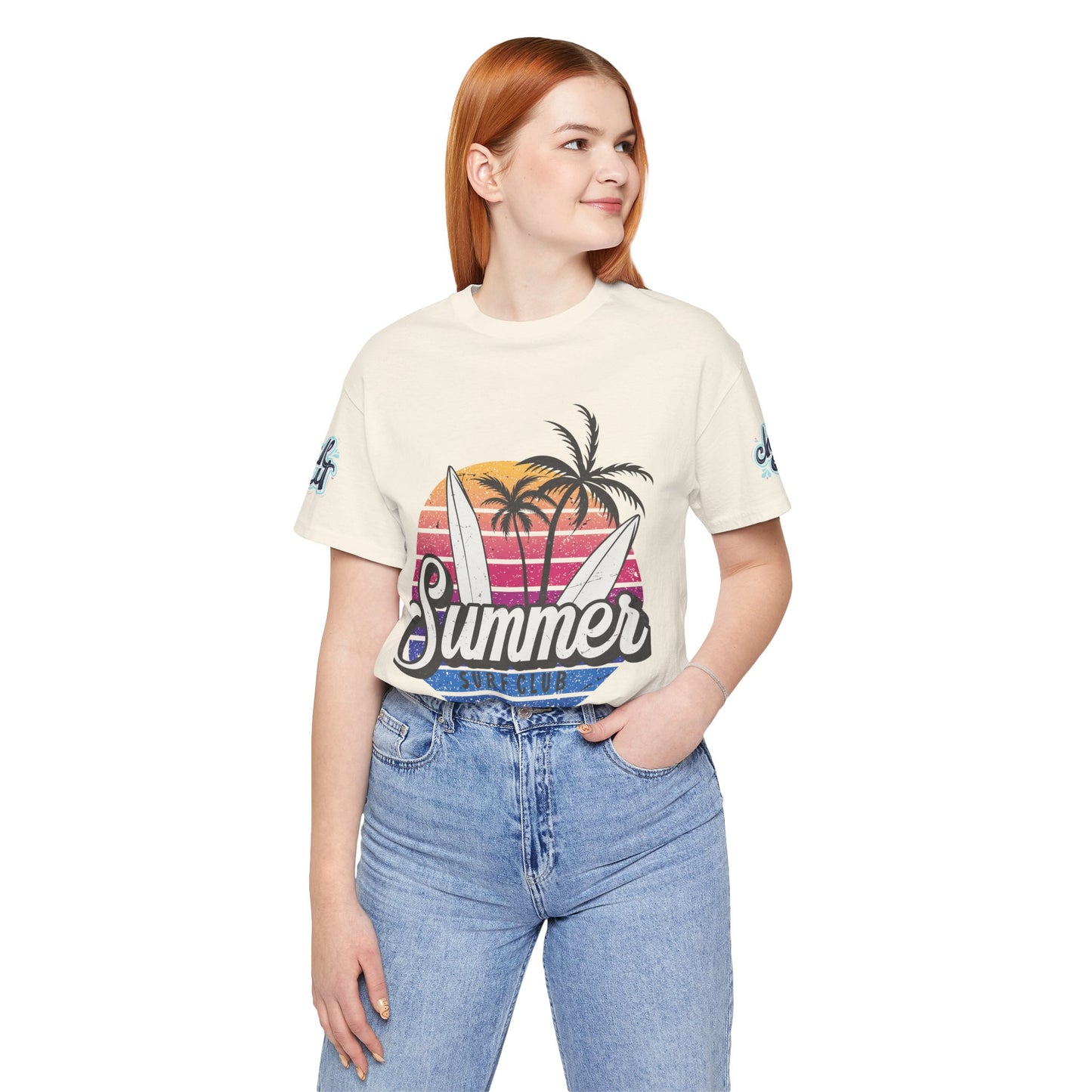 Summer Surf Tee – “Here Comes The Sun” Vintage Surfboard & Palm Graphic T-Shirt