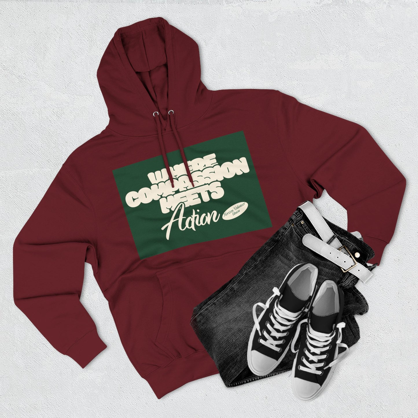 Three-Panel Fleece Hoodie — Vintage Ship Graphic & "Where Compassion Meets Action" Motivational Design