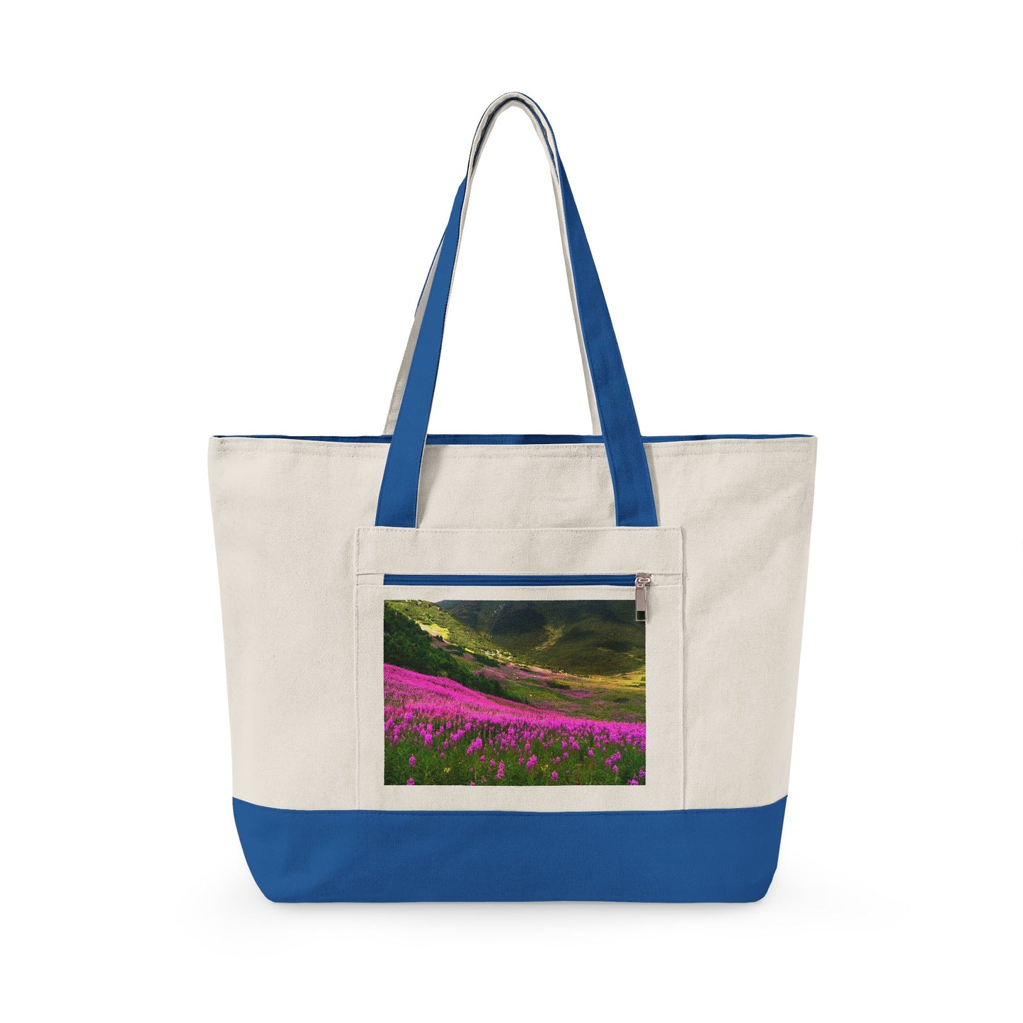 Canvas Tote Bag — Scenic Floral Meadow & River Photo Print Zippered Tote