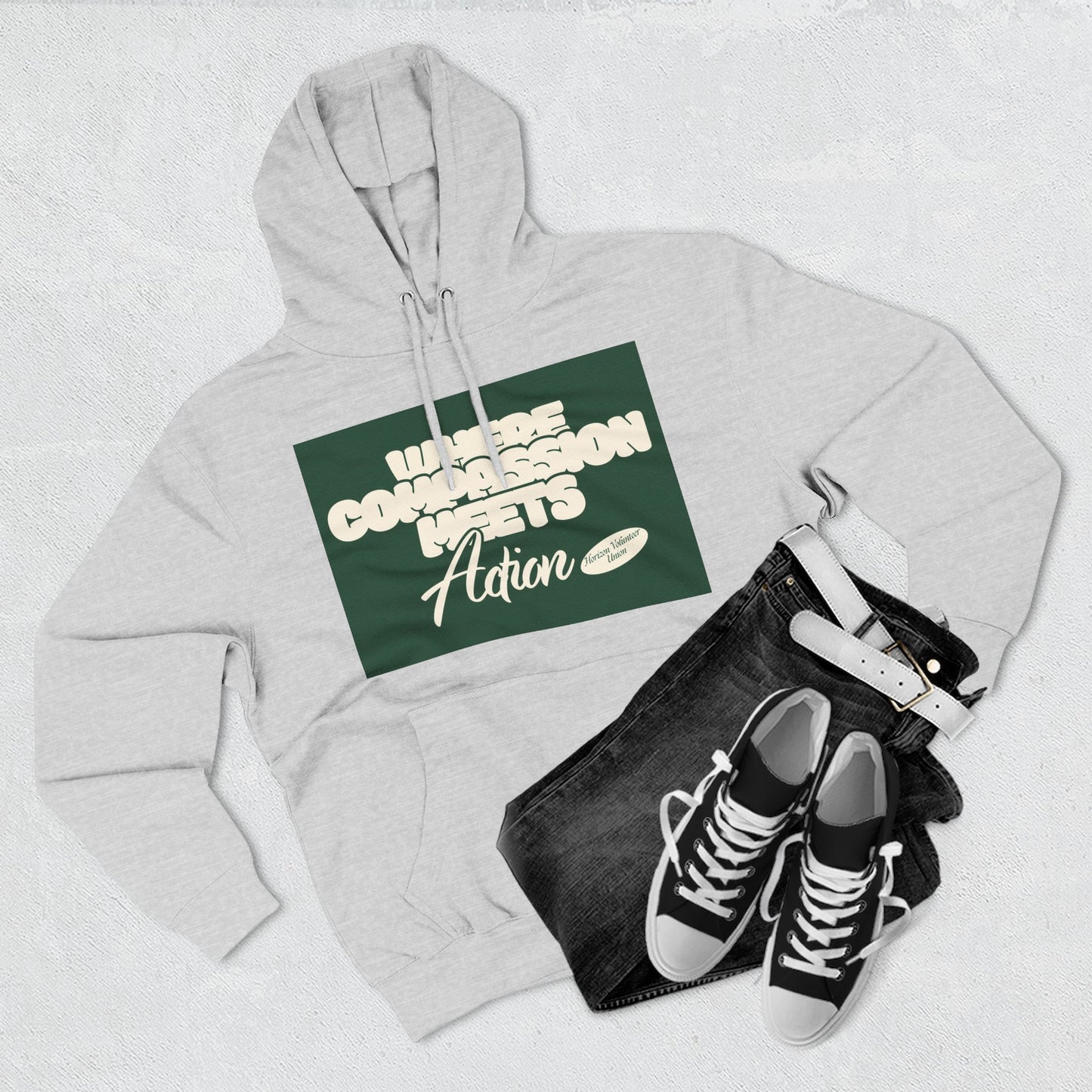 Three-Panel Fleece Hoodie — Vintage Ship Graphic & "Where Compassion Meets Action" Motivational Design