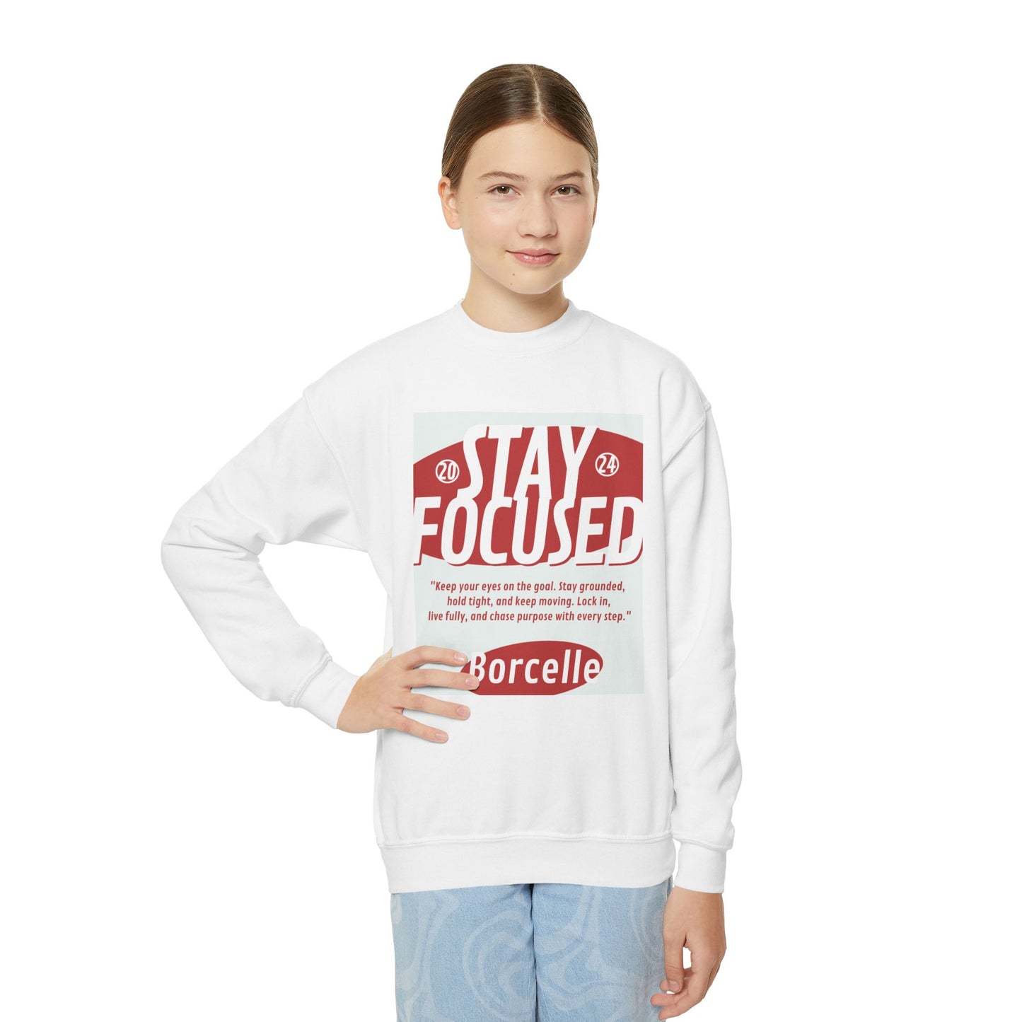 Youth Crewneck Sweatshirt — Stay Focused / Never Give Up Motivational Sweatshirt