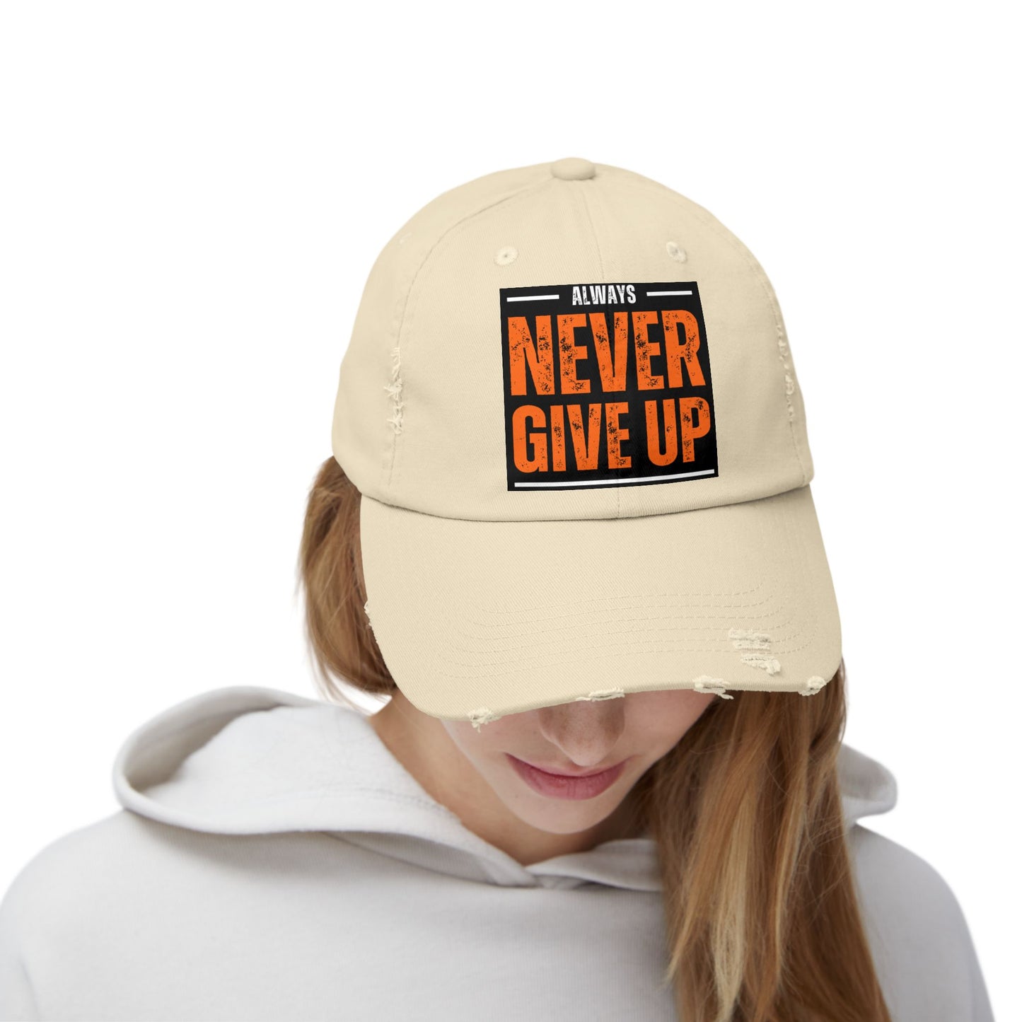 Never Give Up Distressed Cap — Motivational Baseball Hat