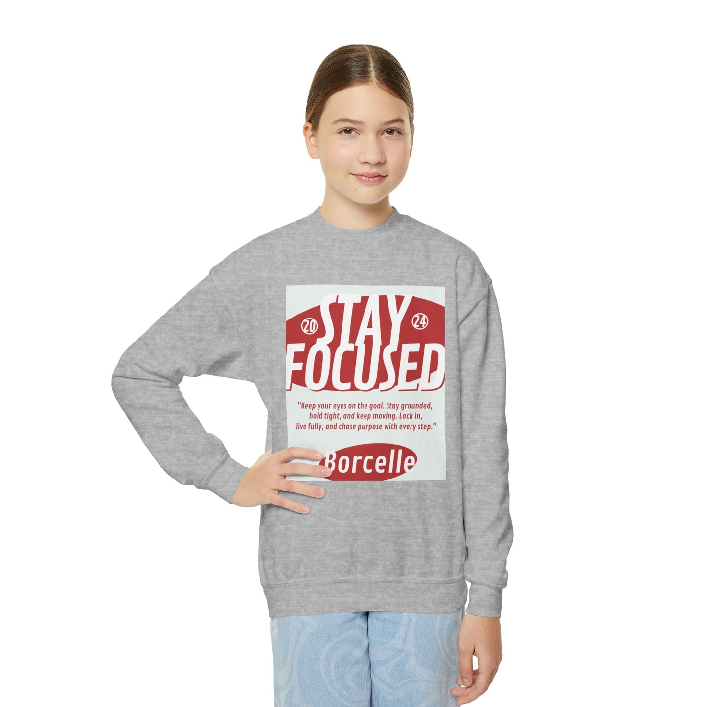 Youth Crewneck Sweatshirt — Stay Focused / Never Give Up Motivational Sweatshirt