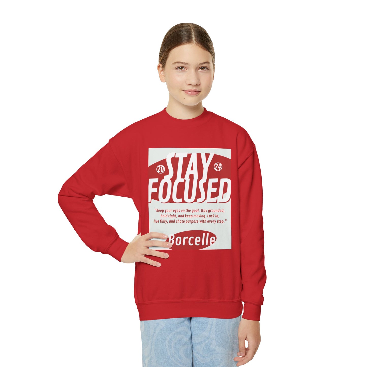 Youth Crewneck Sweatshirt — Stay Focused / Never Give Up Motivational Sweatshirt