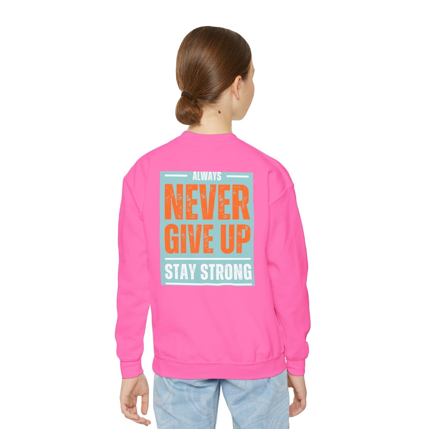 Youth Crewneck Sweatshirt — Stay Focused / Never Give Up Motivational Sweatshirt