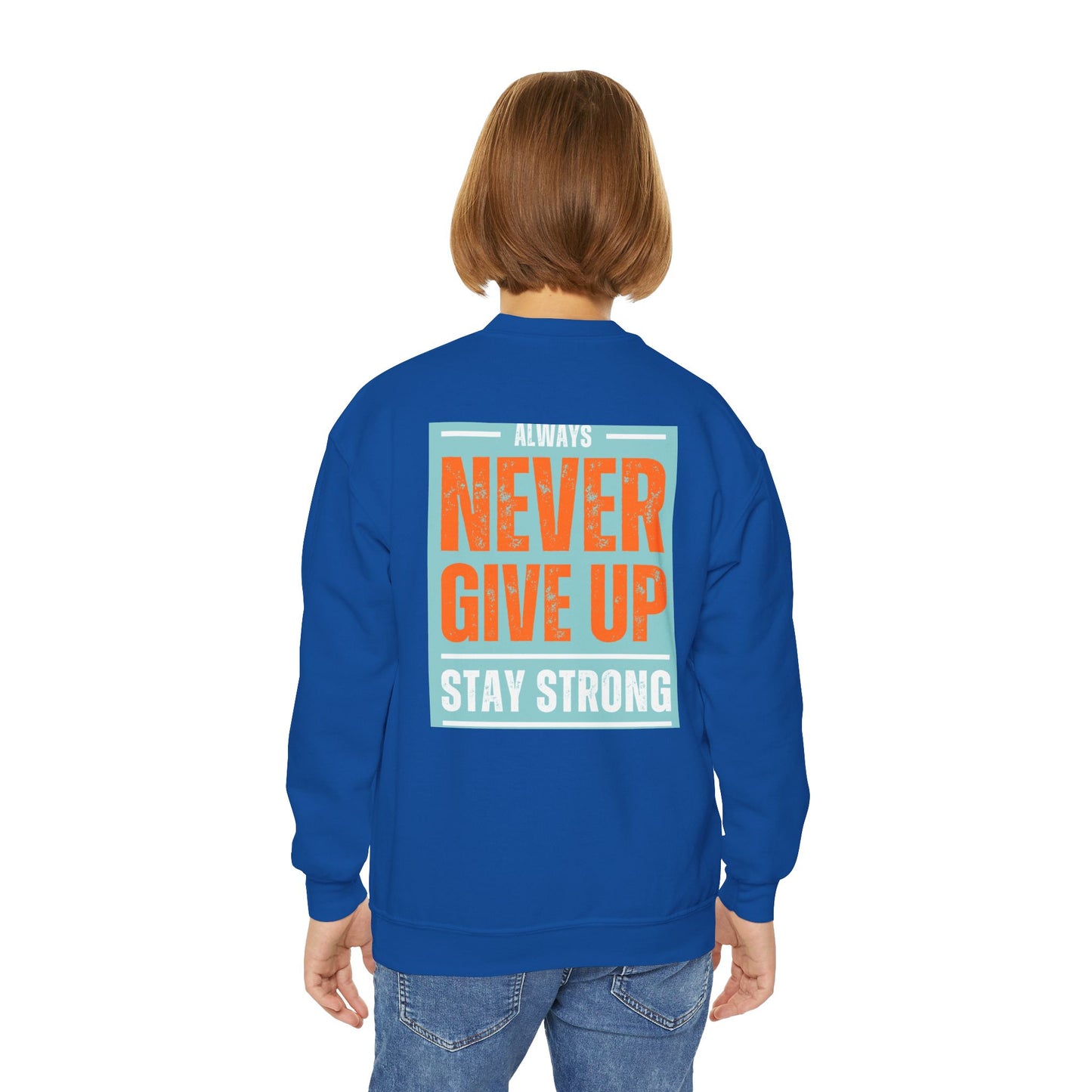Youth Crewneck Sweatshirt — Stay Focused / Never Give Up Motivational Sweatshirt