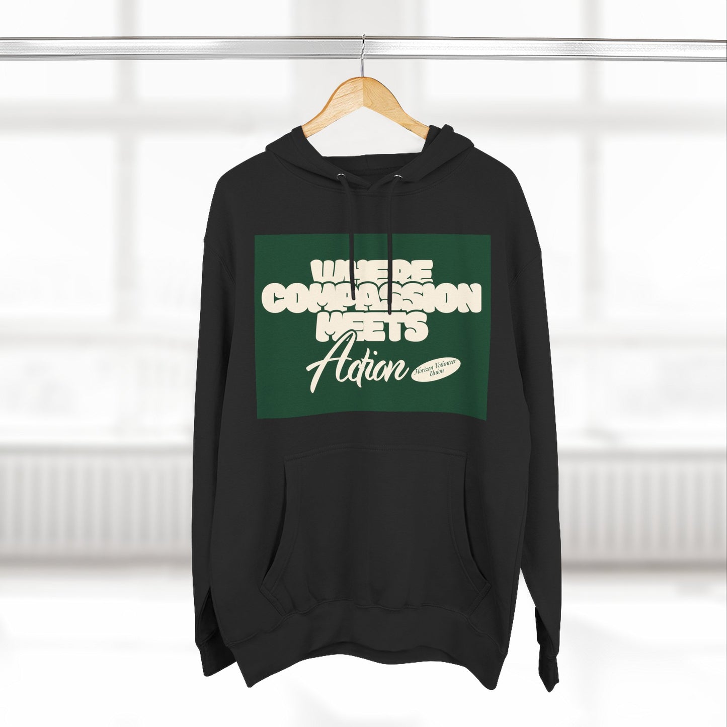 Three-Panel Fleece Hoodie — Vintage Ship Graphic & "Where Compassion Meets Action" Motivational Design
