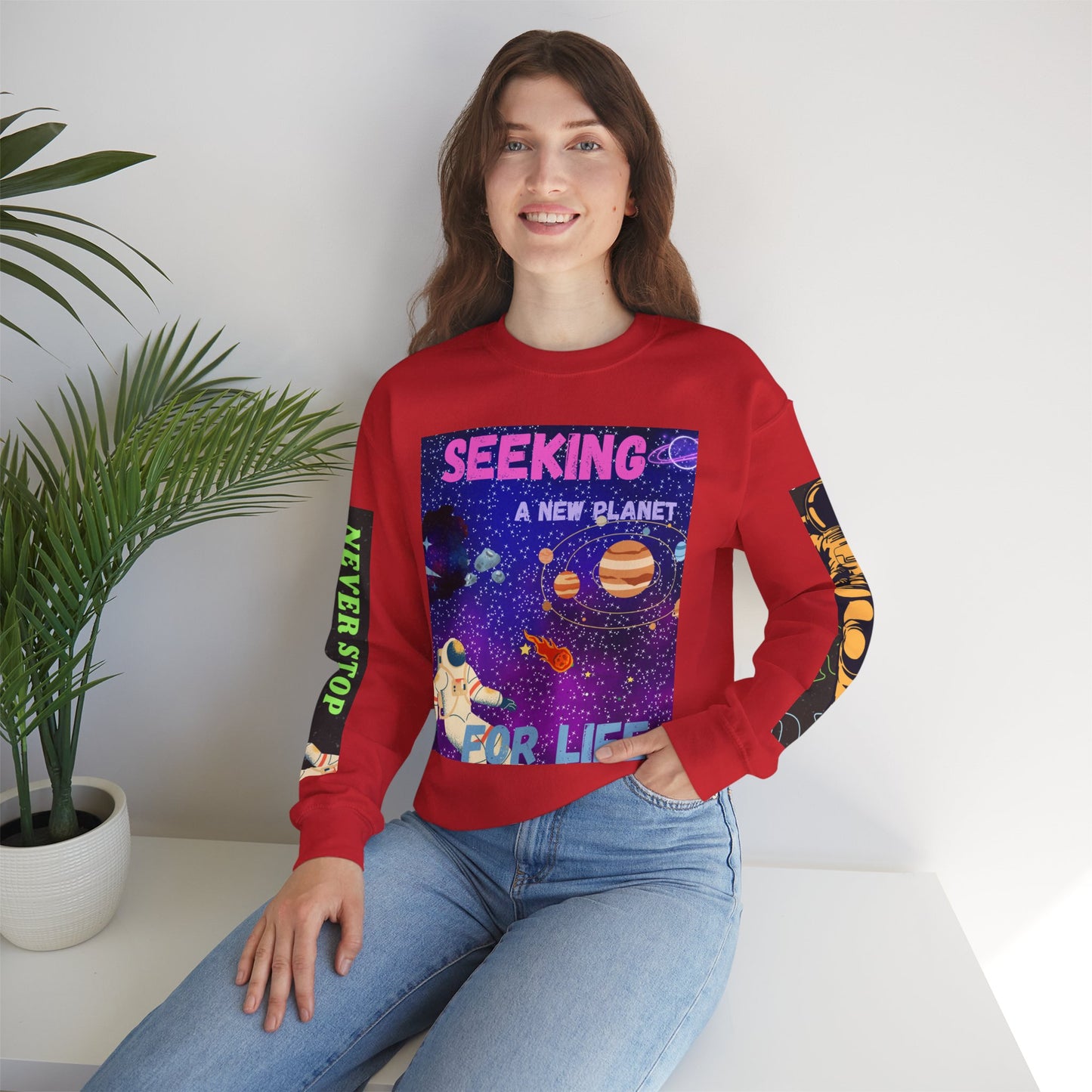 Space Crewneck Sweatshirt — “Seeking a New Planet for Life” Astronaut Graphic