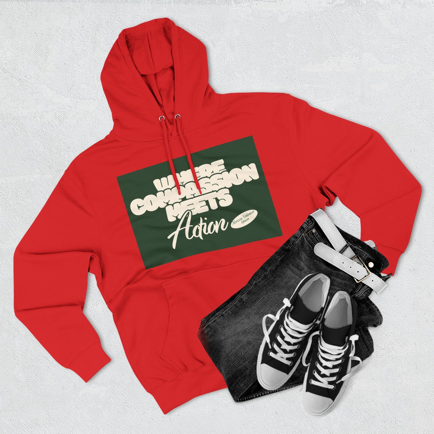 Three-Panel Fleece Hoodie — Vintage Ship Graphic & "Where Compassion Meets Action" Motivational Design
