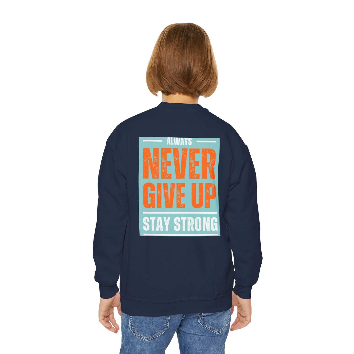 Youth Crewneck Sweatshirt — Stay Focused / Never Give Up Motivational Sweatshirt