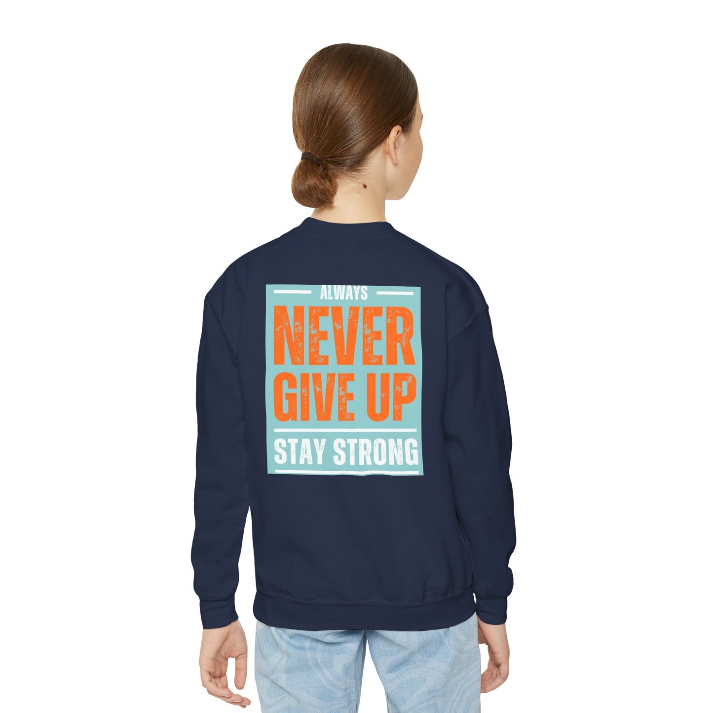 Youth Crewneck Sweatshirt — Stay Focused / Never Give Up Motivational Sweatshirt