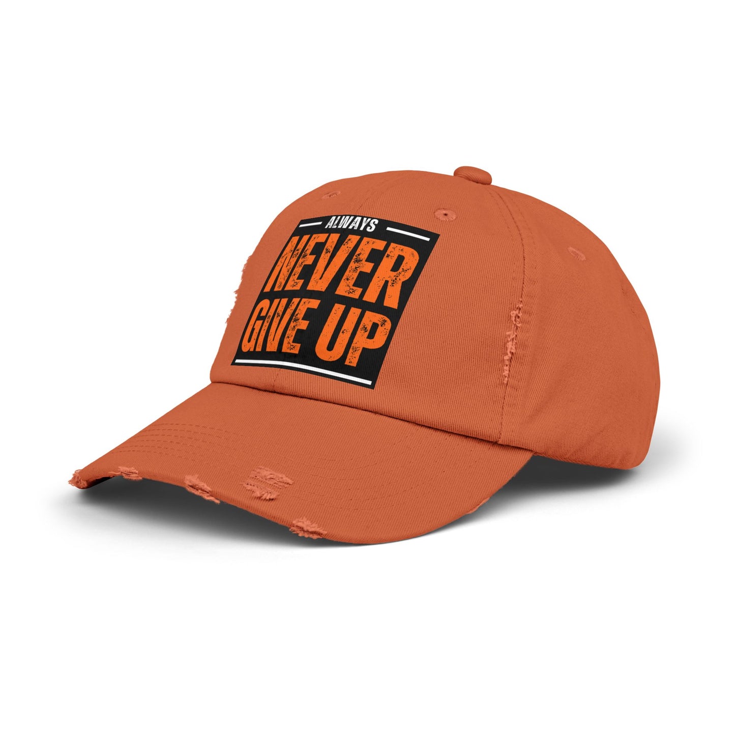 Never Give Up Distressed Cap — Motivational Baseball Hat