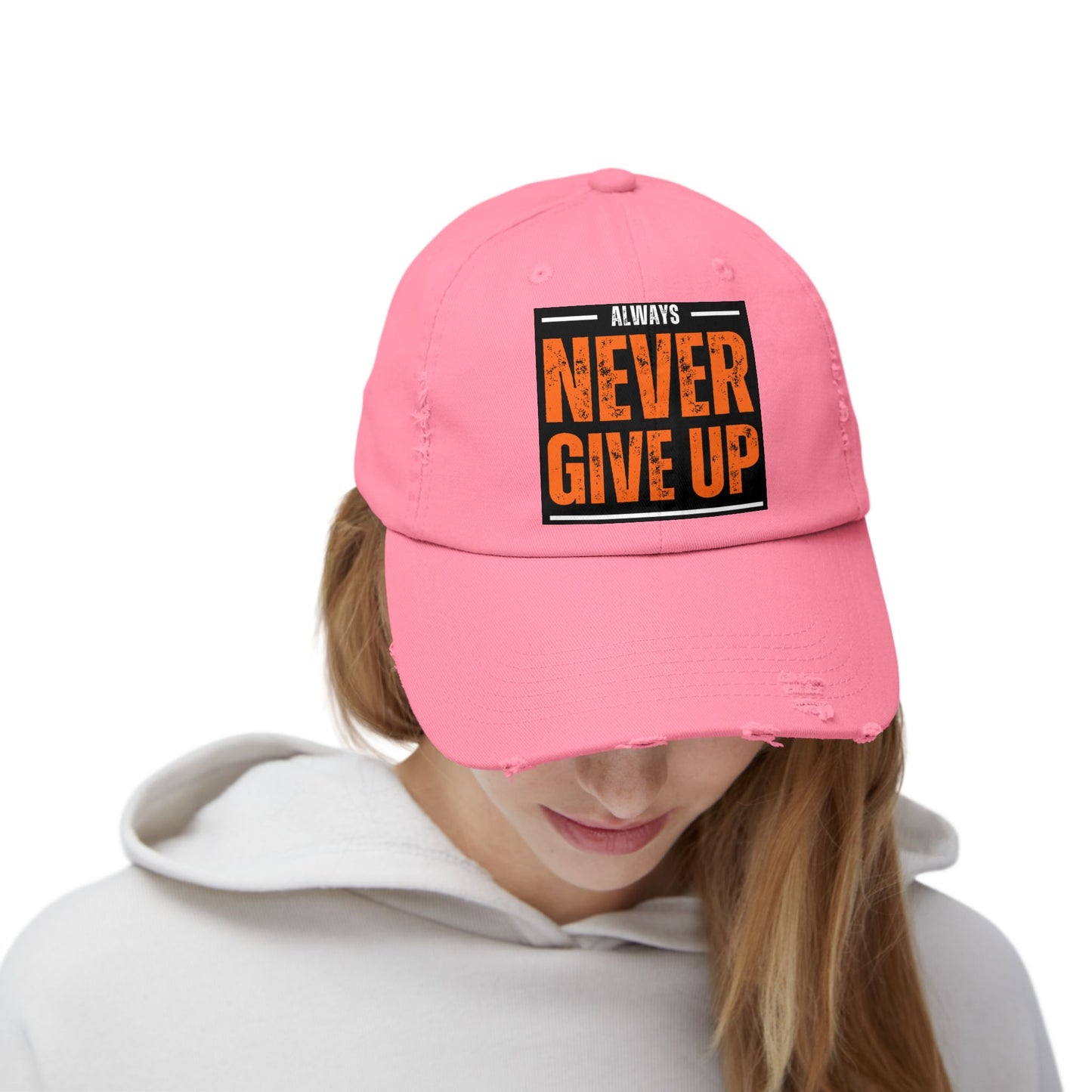 Never Give Up Distressed Cap — Motivational Baseball Hat