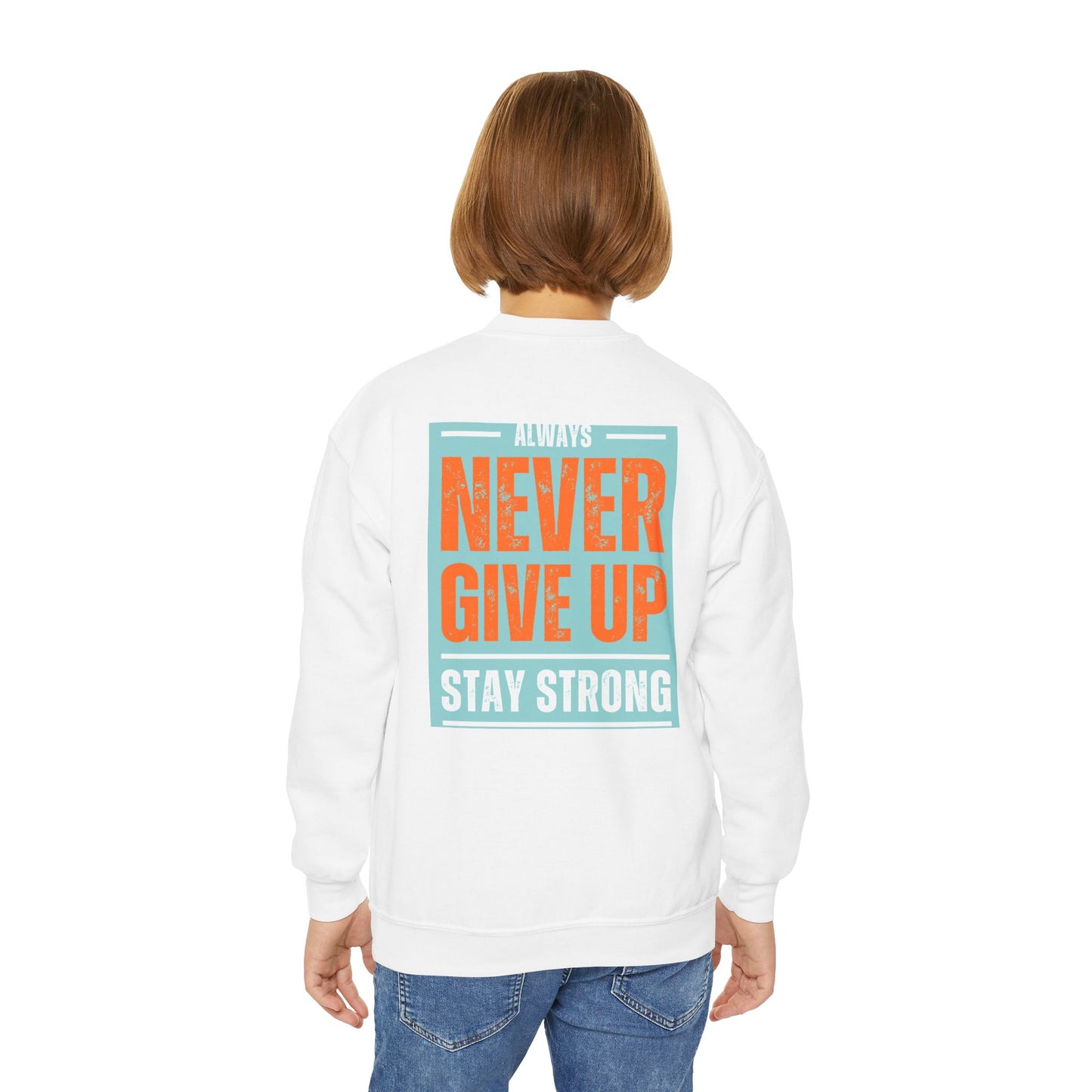 Youth Crewneck Sweatshirt — Stay Focused / Never Give Up Motivational Sweatshirt