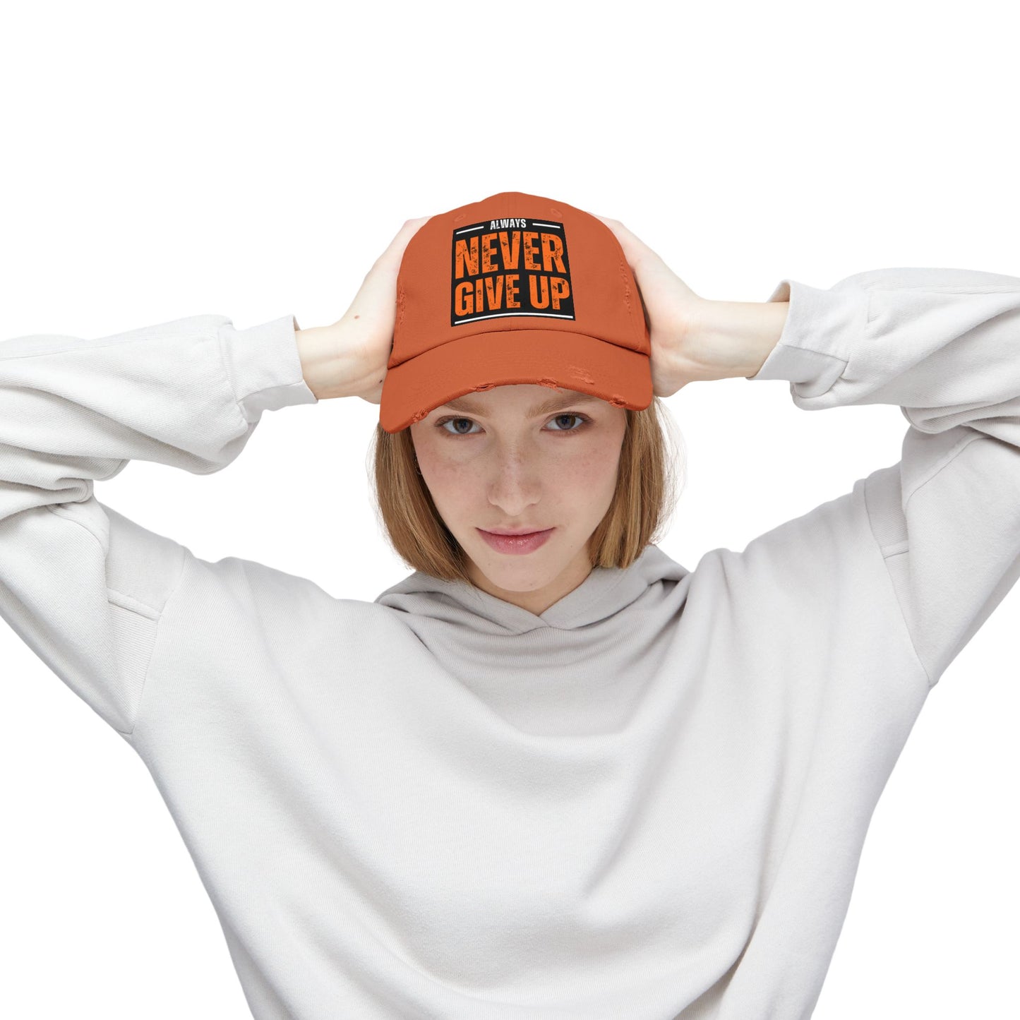 Never Give Up Distressed Cap — Motivational Baseball Hat