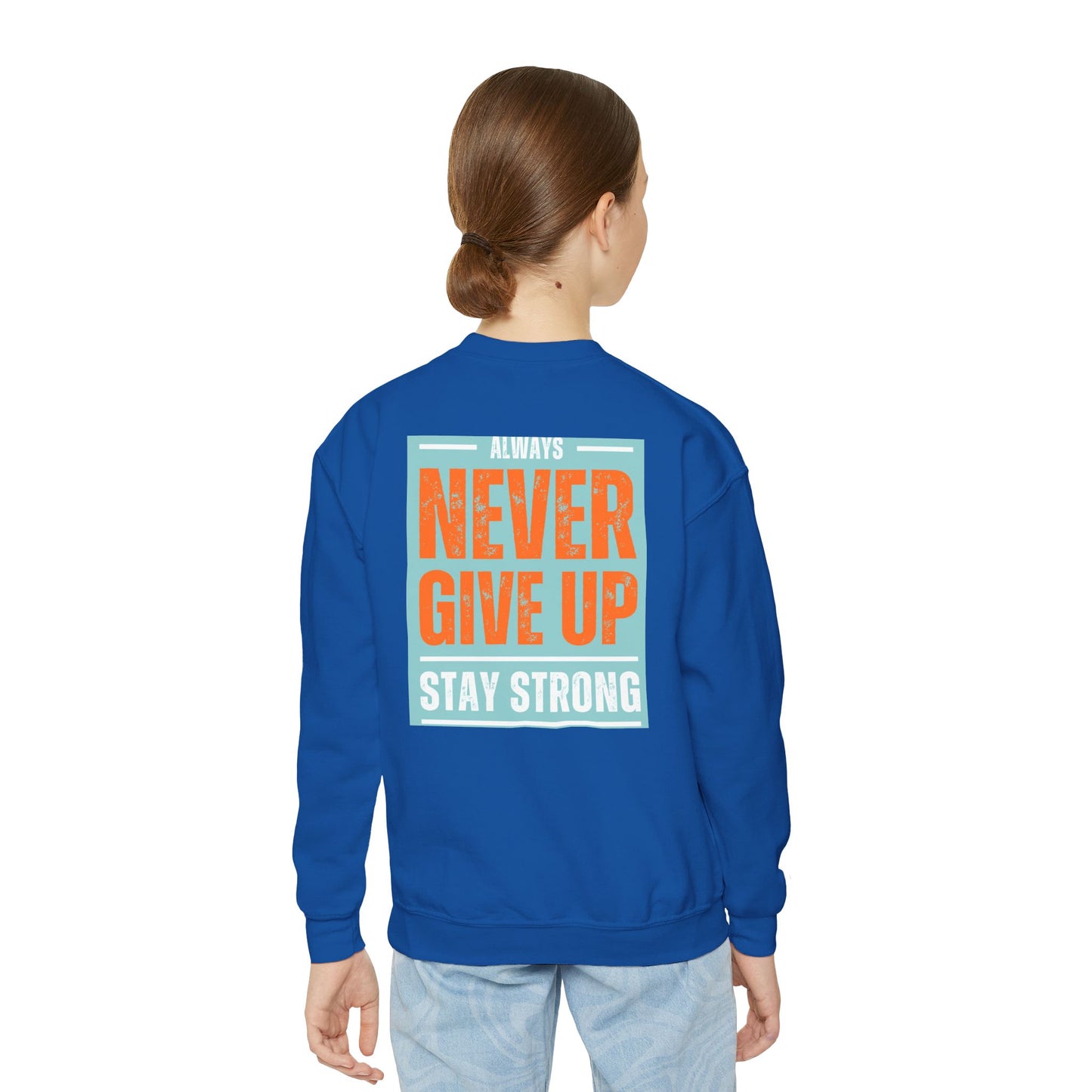 Youth Crewneck Sweatshirt — Stay Focused / Never Give Up Motivational Sweatshirt