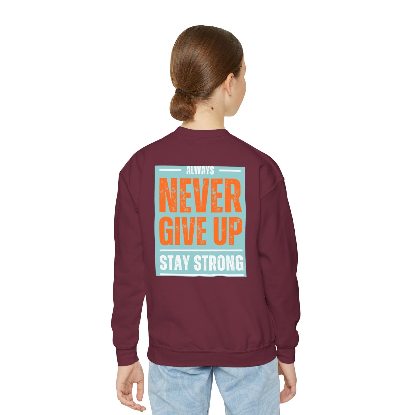 Youth Crewneck Sweatshirt — Stay Focused / Never Give Up Motivational Sweatshirt