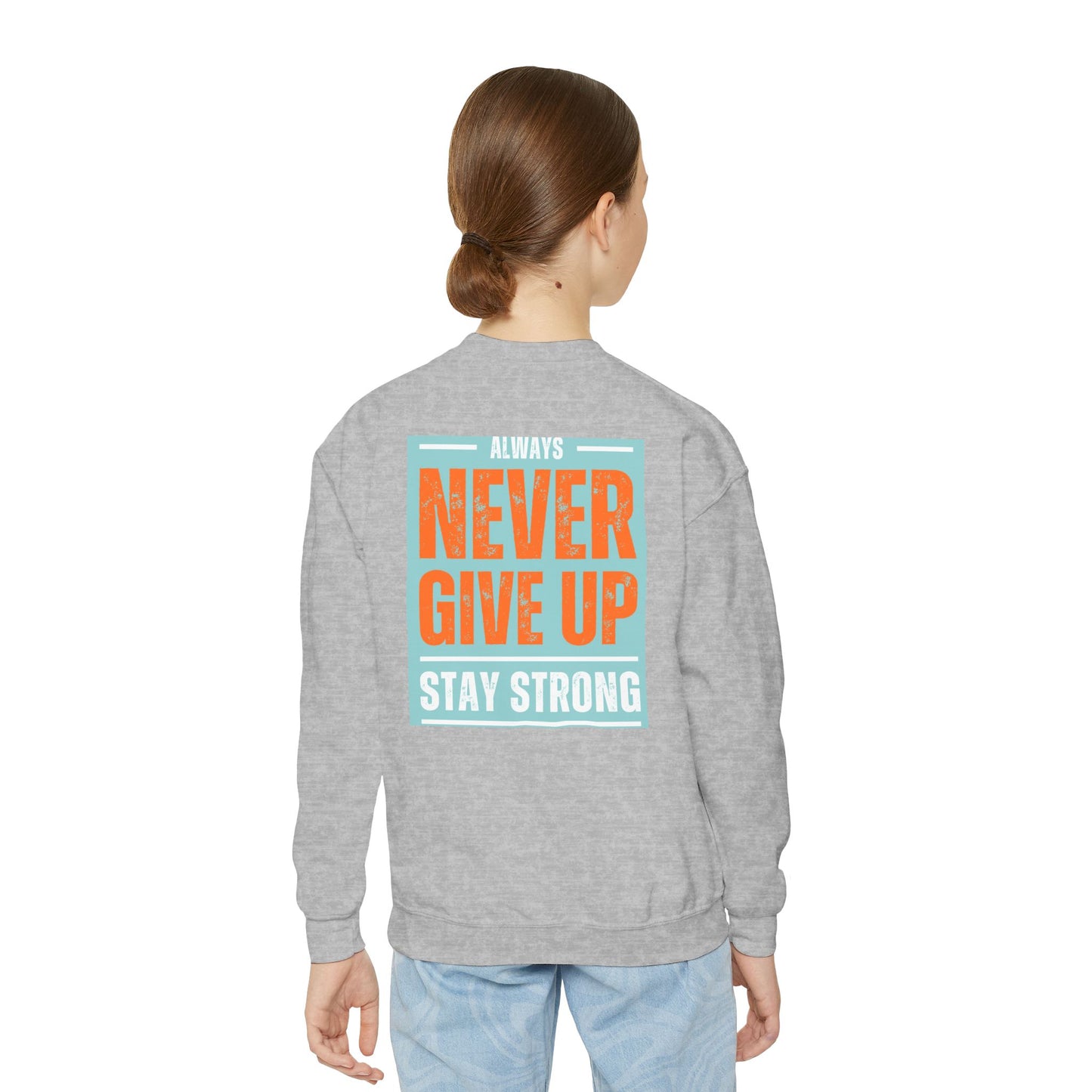 Youth Crewneck Sweatshirt — Stay Focused / Never Give Up Motivational Sweatshirt