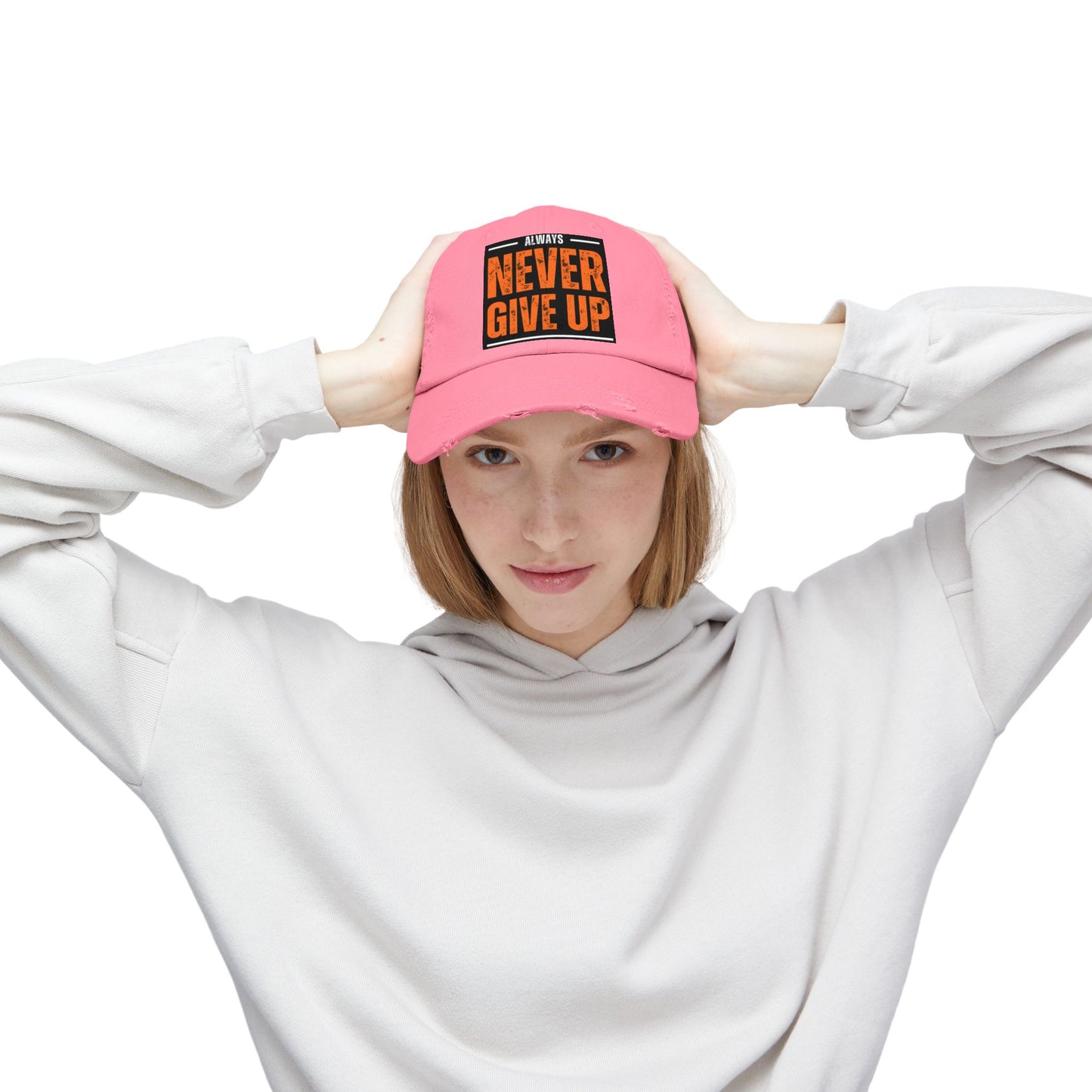 Never Give Up Distressed Cap — Motivational Baseball Hat