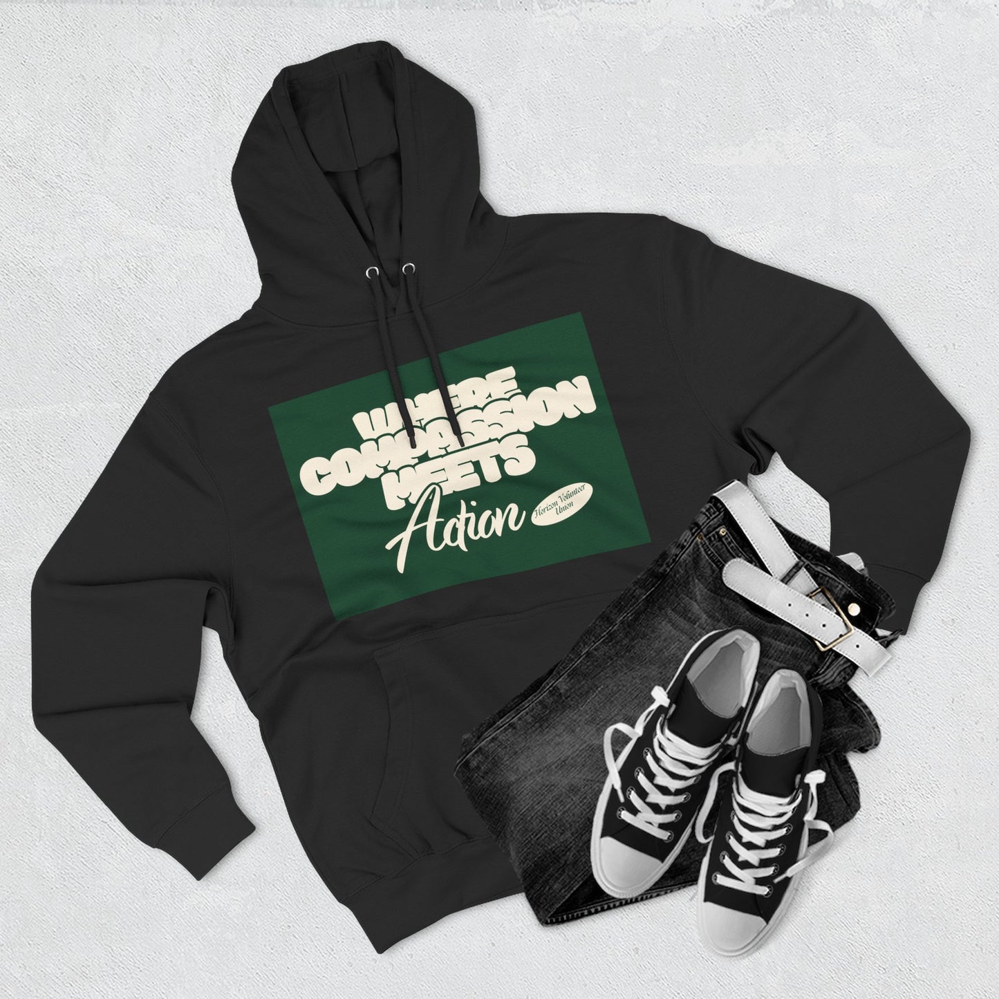 Three-Panel Fleece Hoodie — Vintage Ship Graphic & "Where Compassion Meets Action" Motivational Design