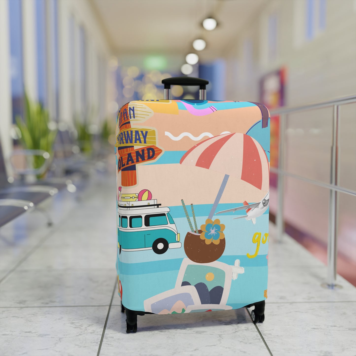 Luggage Cover - Retro Beach Travel Print (Van, Umbrella, Seaside Icons)