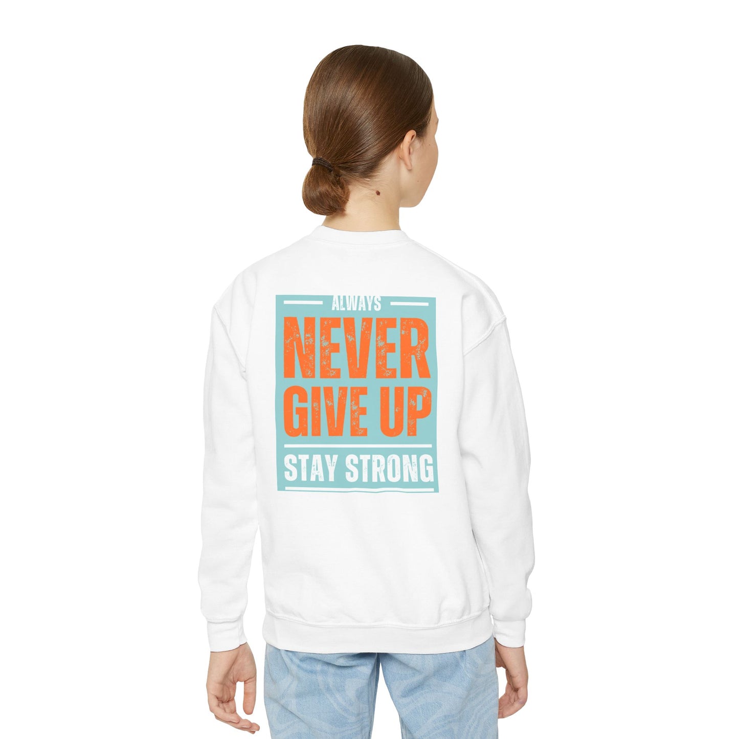 Youth Crewneck Sweatshirt — Stay Focused / Never Give Up Motivational Sweatshirt