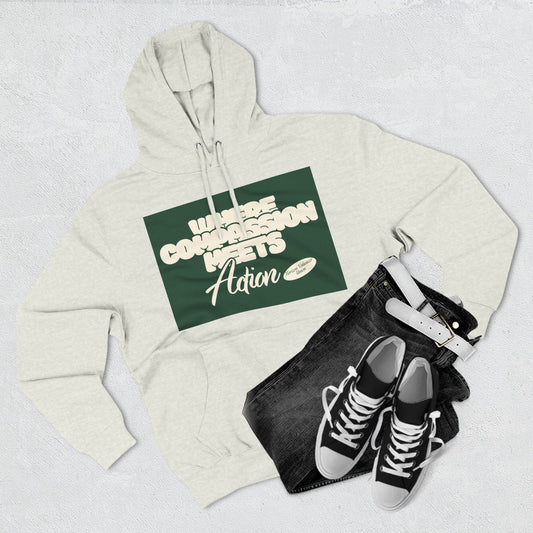 Three-Panel Fleece Hoodie — Vintage Ship Graphic & "Where Compassion Meets Action" Motivational Design