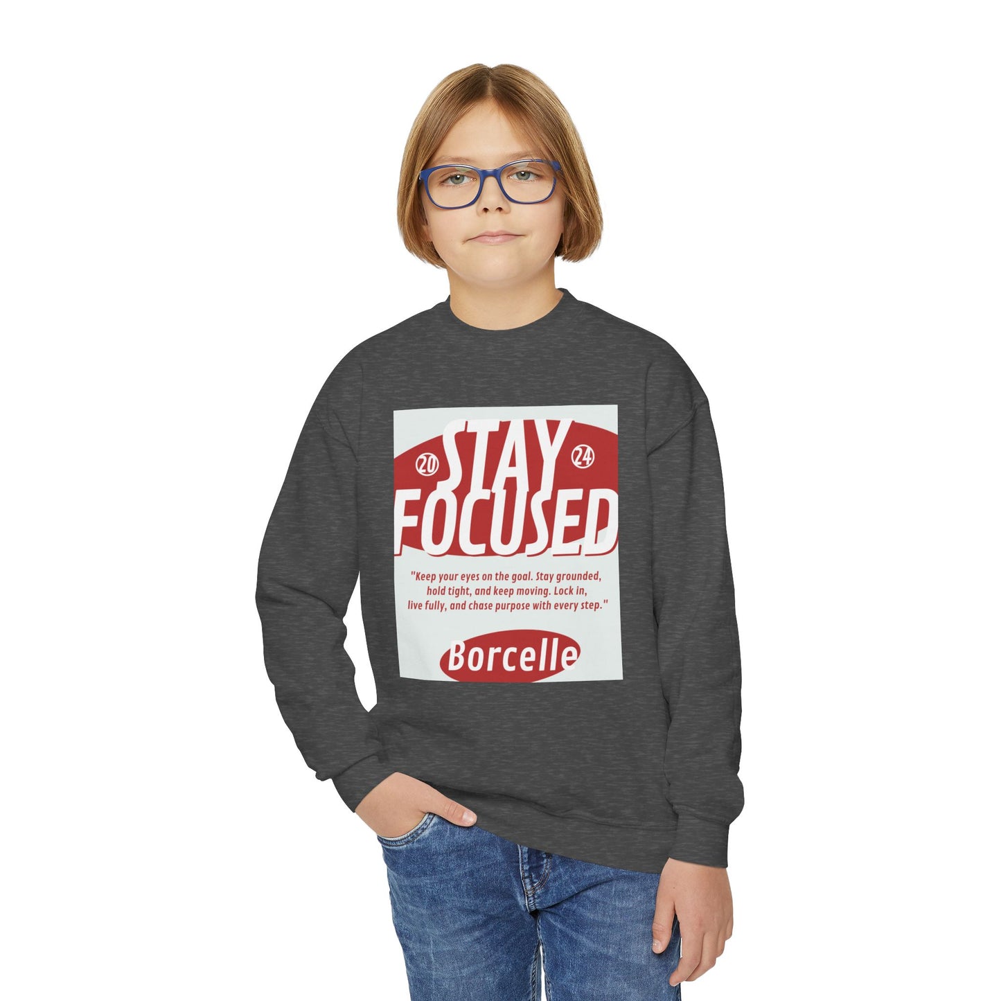 Youth Crewneck Sweatshirt — Stay Focused / Never Give Up Motivational Sweatshirt